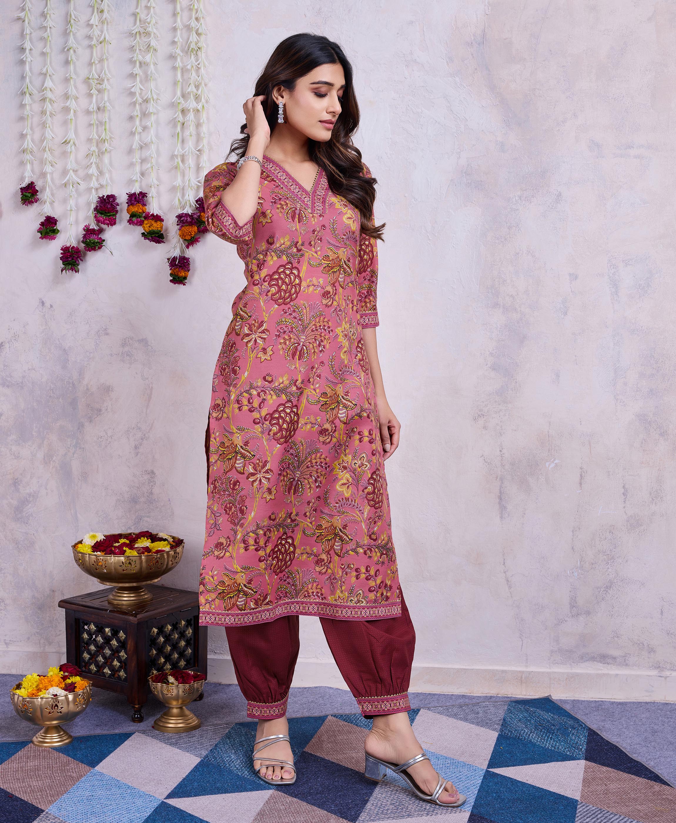 Her Couture Women's Mauve Cotton Floral Printed Straight Kurta With Afghani Salwar