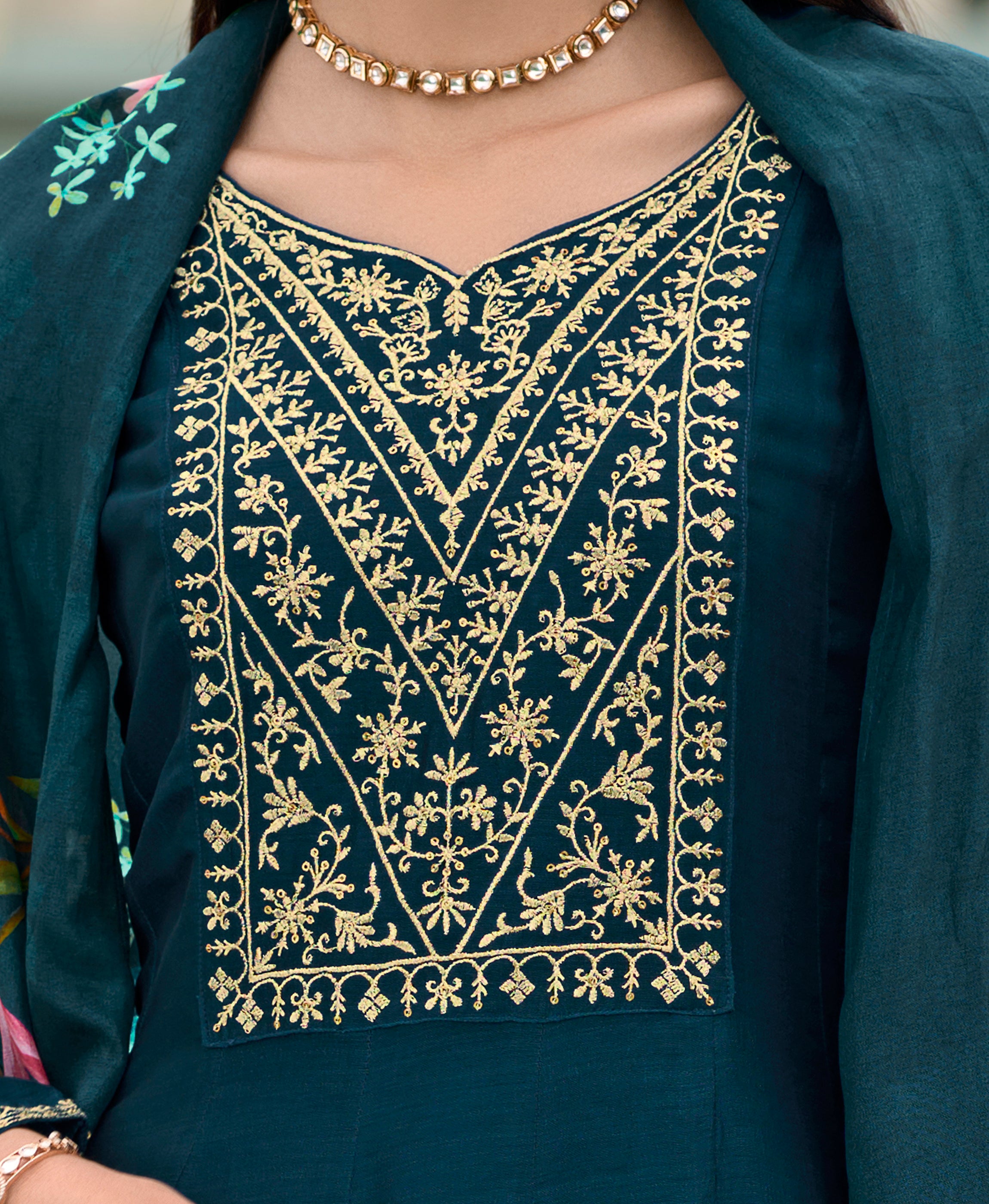 Her Couture Women's Teal Vichitra Silk Floral Embroidered Anarkali Kurta With Pant & Dupatta