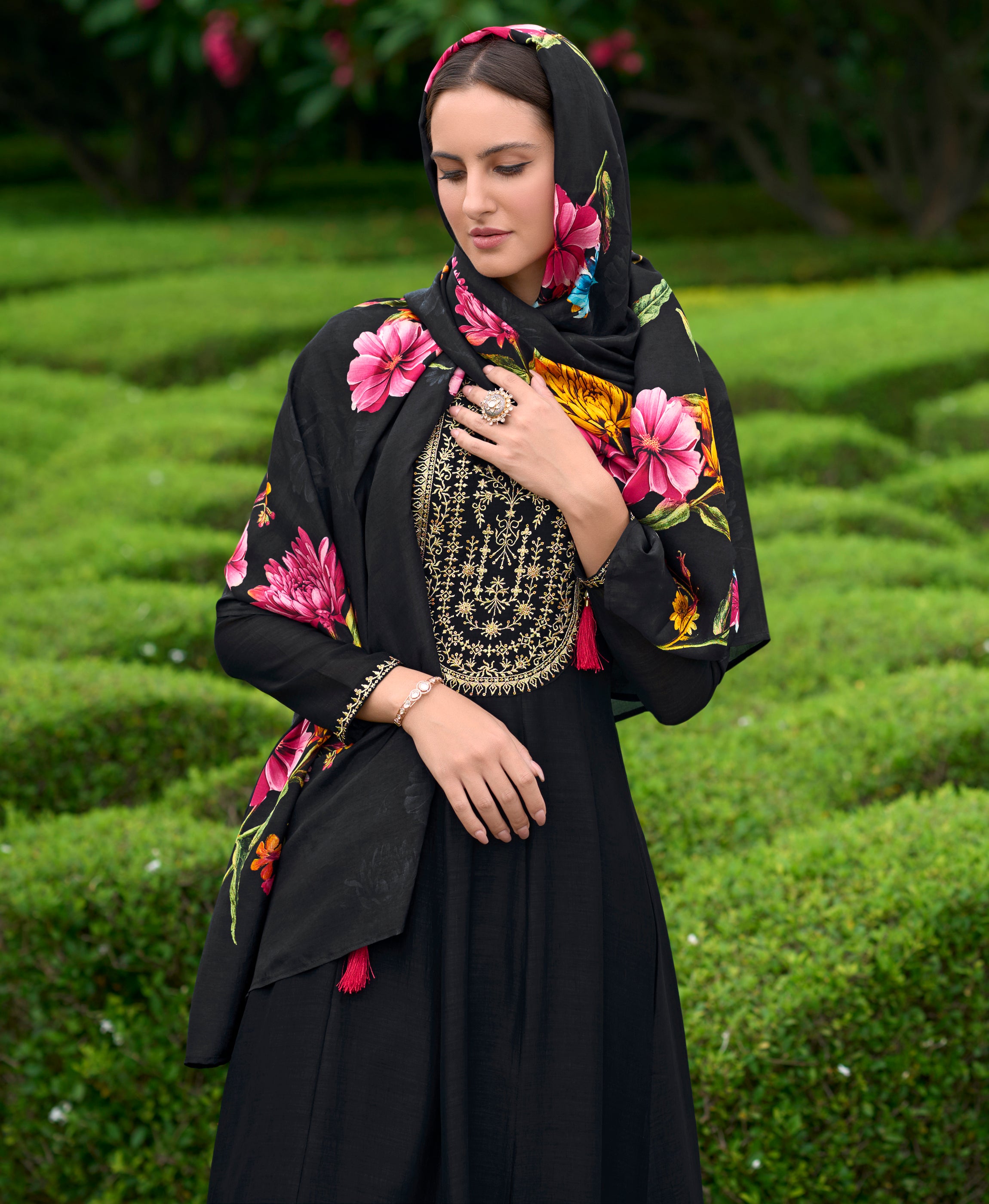 Her Couture Women's Black Vichitra Silk Floral Embroidered Anarkali Kurta With Pant & Dupatta