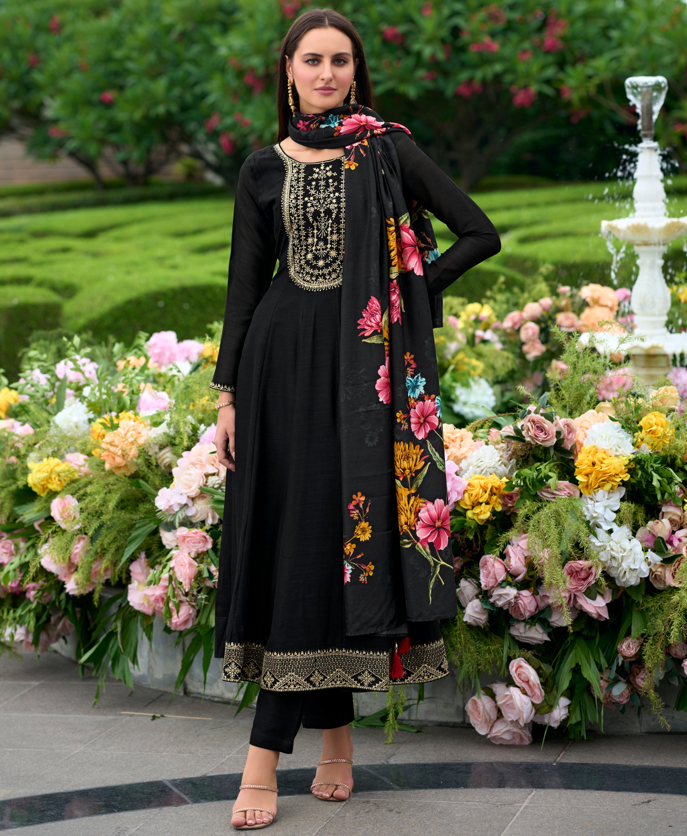 Her Couture Women's Black Vichitra Silk Floral Embroidered Anarkali Kurta With Pant & Dupatta