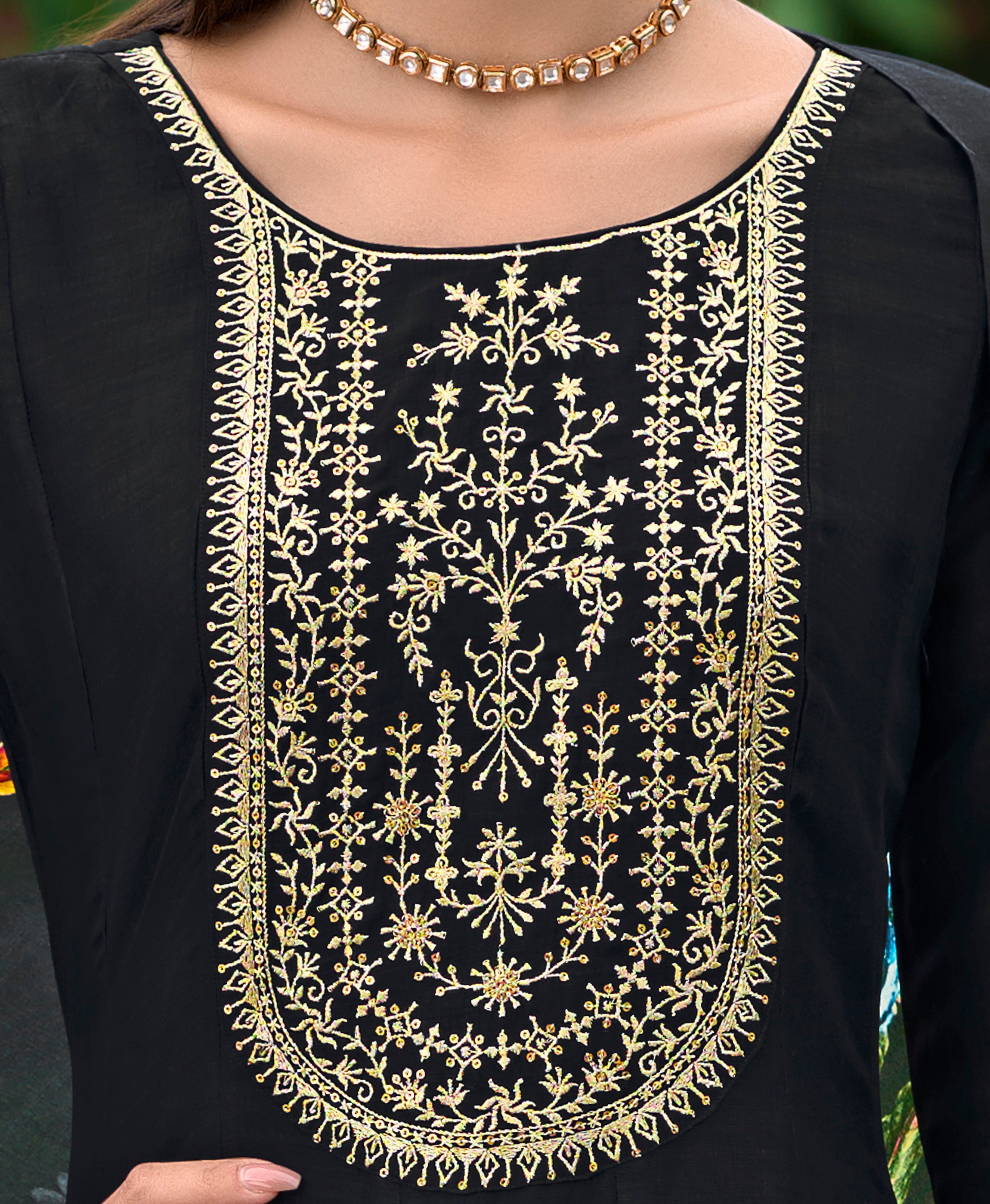 Her Couture Women's Black Vichitra Silk Floral Embroidered Anarkali Kurta With Pant & Dupatta