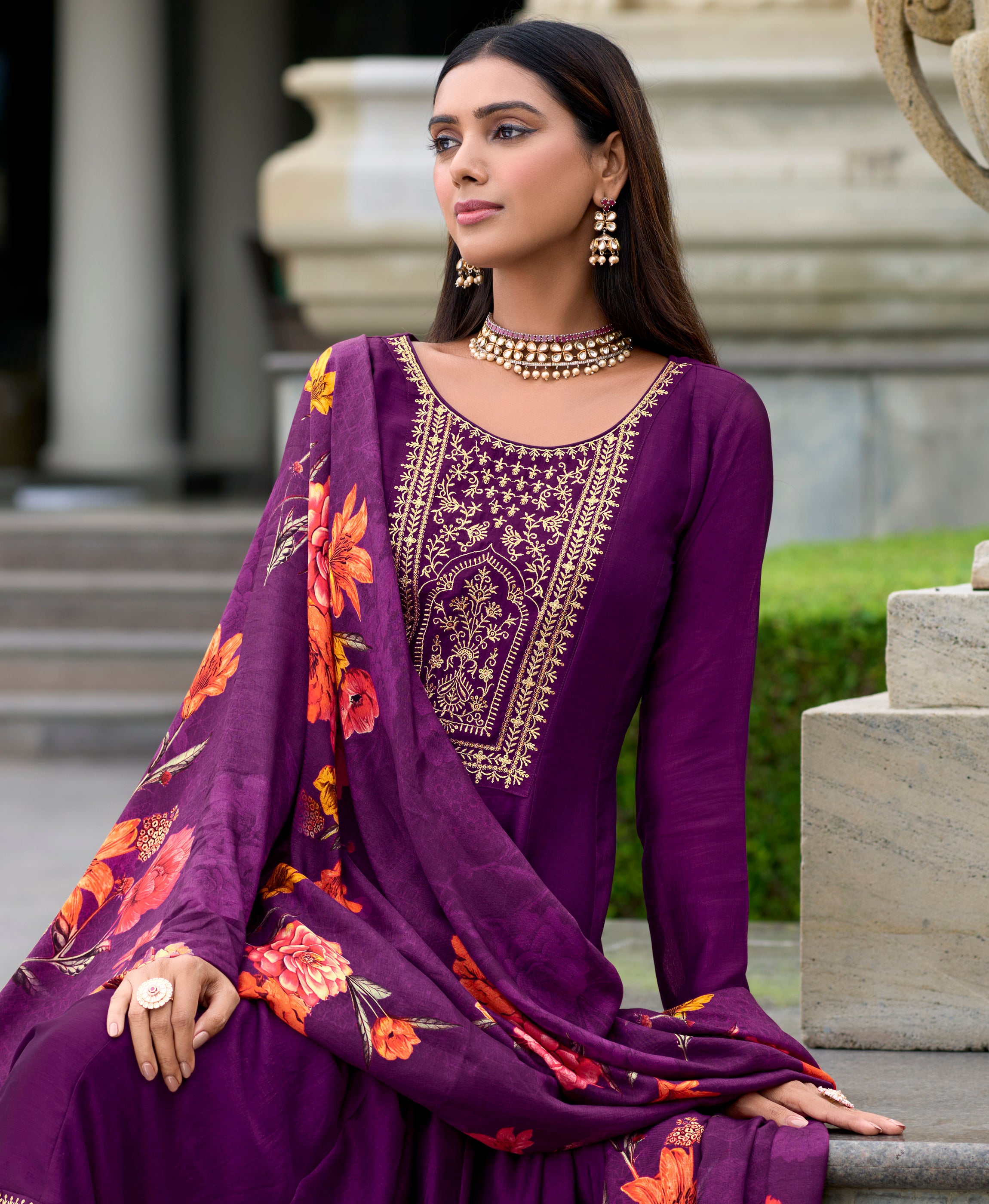 Purple Vichitra Silk Anarkali Festive & Party Kurta Set by Her Couture