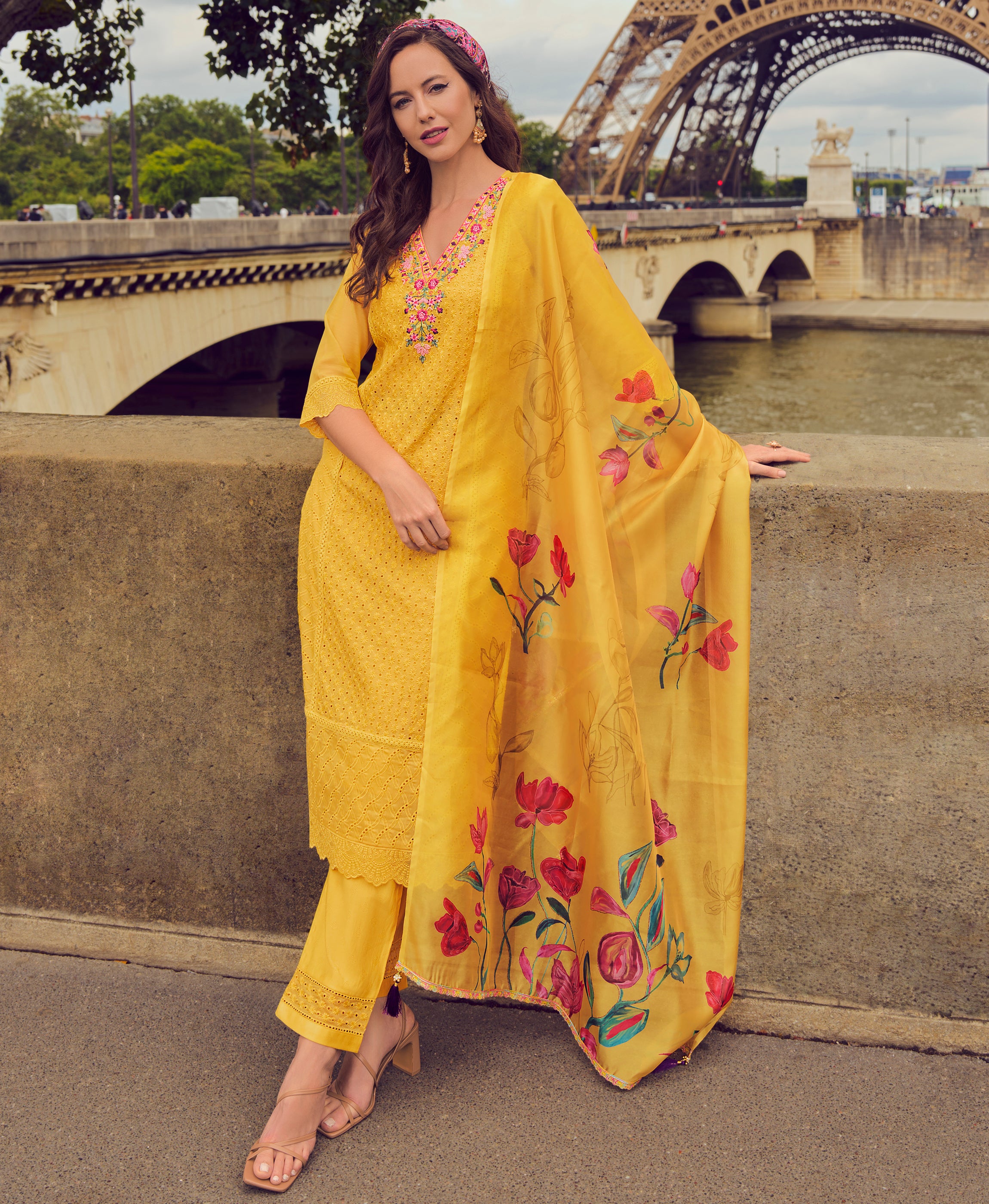Yellow Chanderi Silk Straight Festive & Party Kurta Set by Her Couture