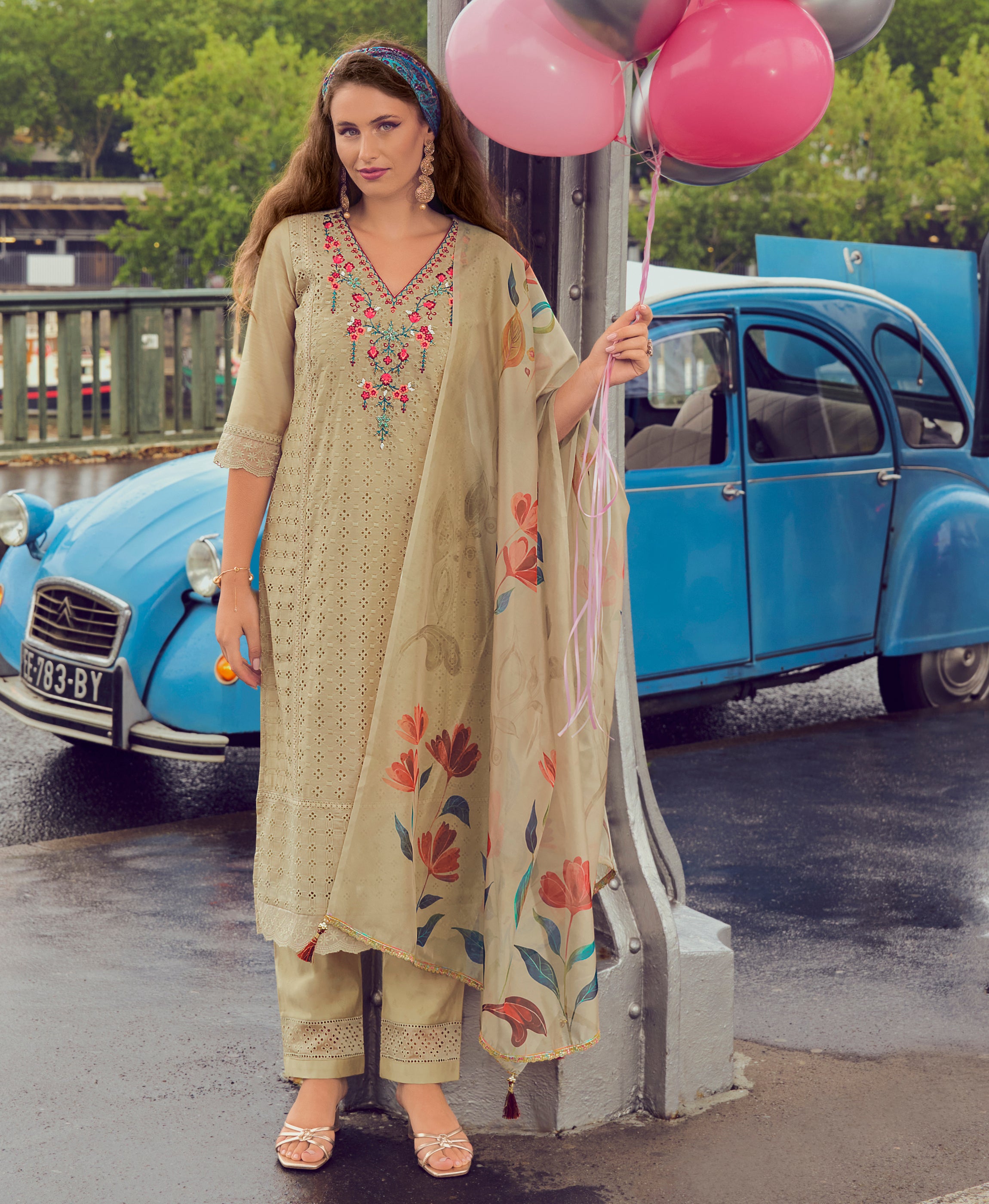 Her Couture Women's Khaki Chanderi Silk Chikankari Floral Bored Schiffli Embroidered Straight Kurta With Pant & Dupatta