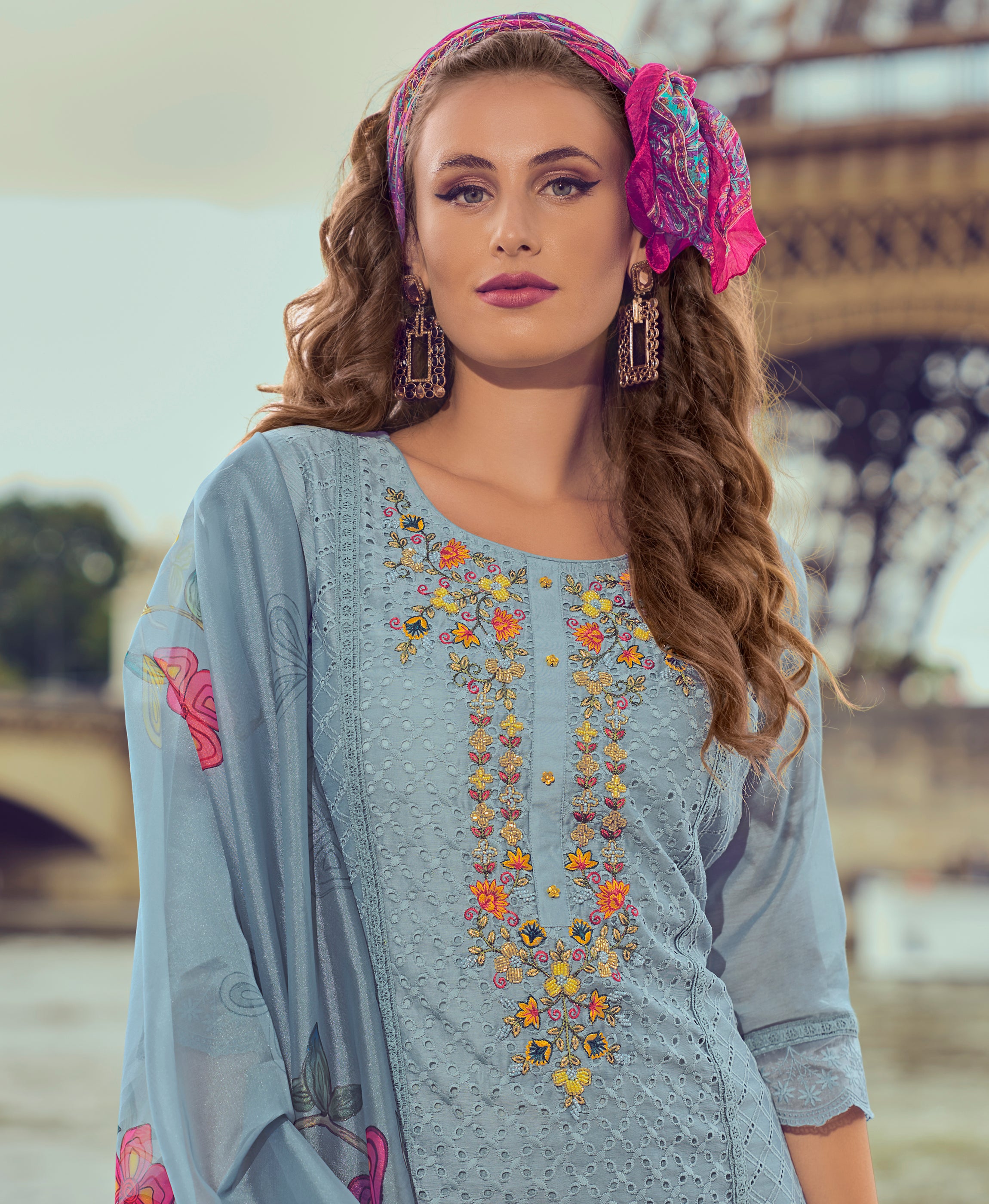 Her Couture Women's Powder Blue Chanderi Silk Chikankari Floral Bored Schiffli Embroidered Straight Kurta With Pant & Dupatta