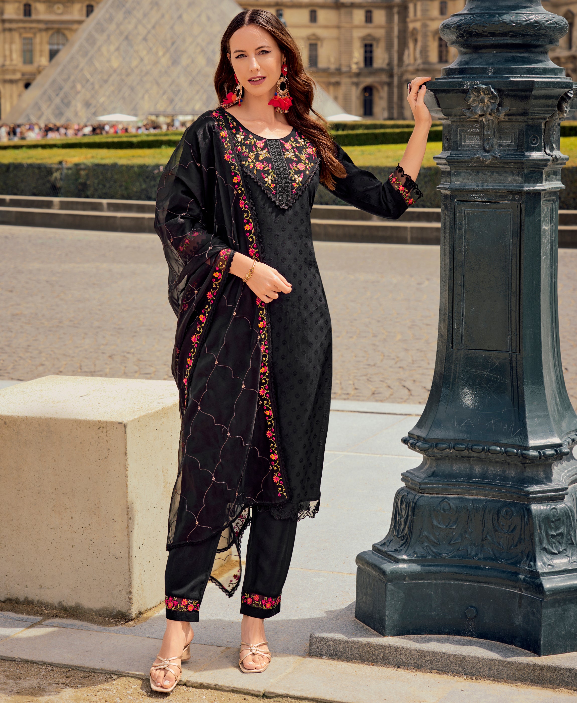 Her Couture Women's Black Viscose Silk Embroidered Woven Straight Kurta With Pant & Dupatta