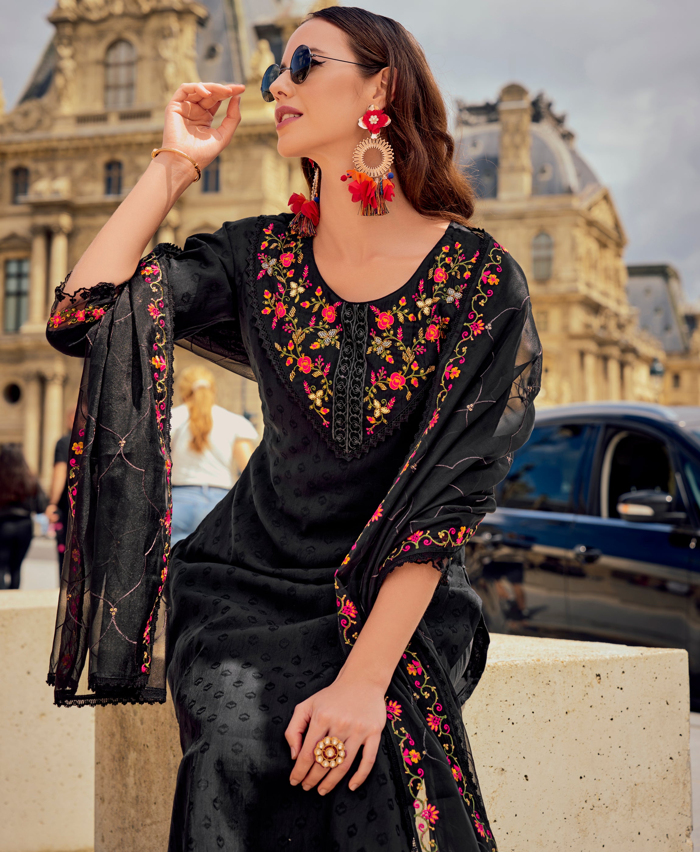 Her Couture Women's Black Viscose Silk Embroidered Woven Straight Kurta With Pant & Dupatta