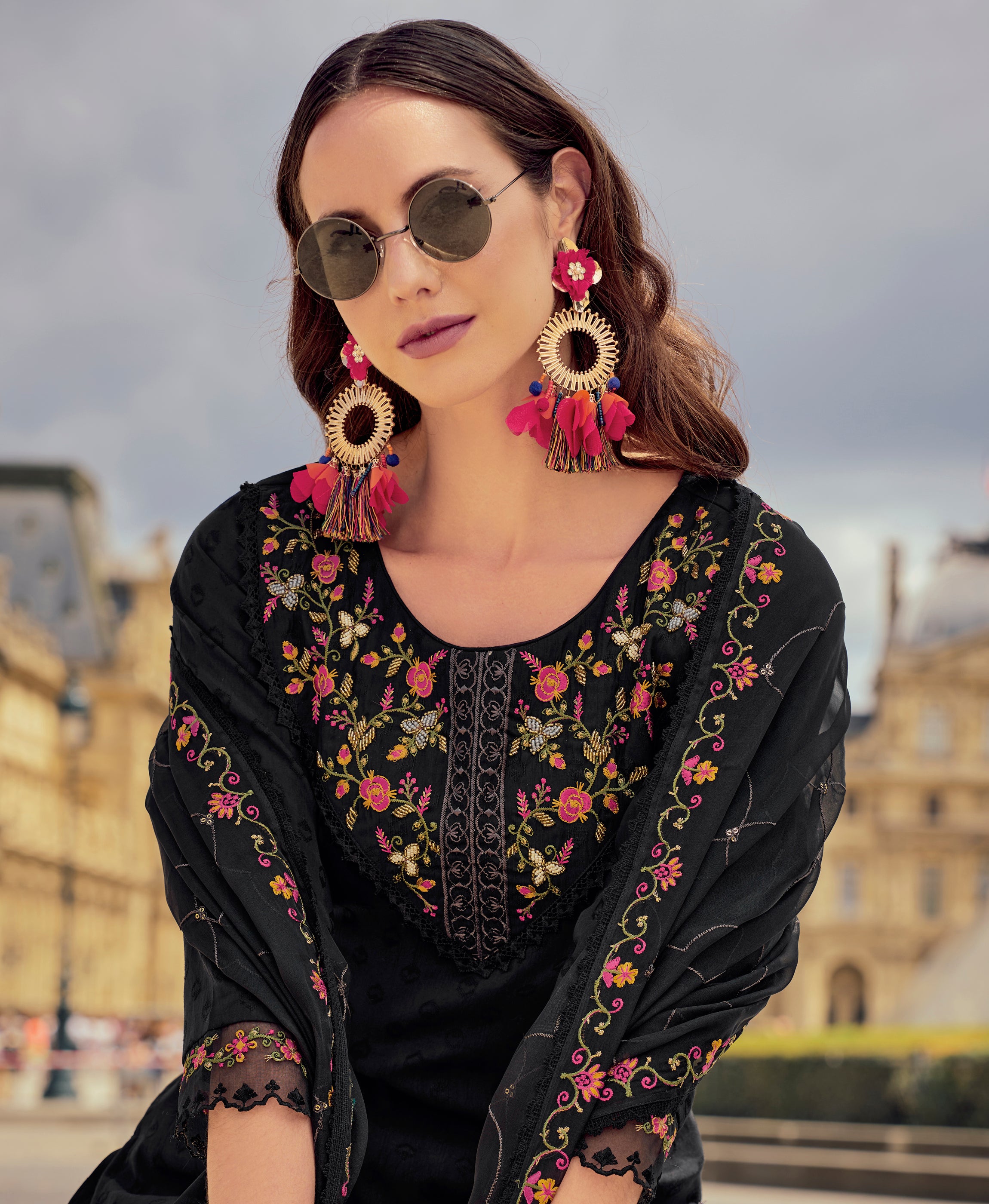 Her Couture Women's Black Viscose Silk Embroidered Woven Straight Kurta With Pant & Dupatta