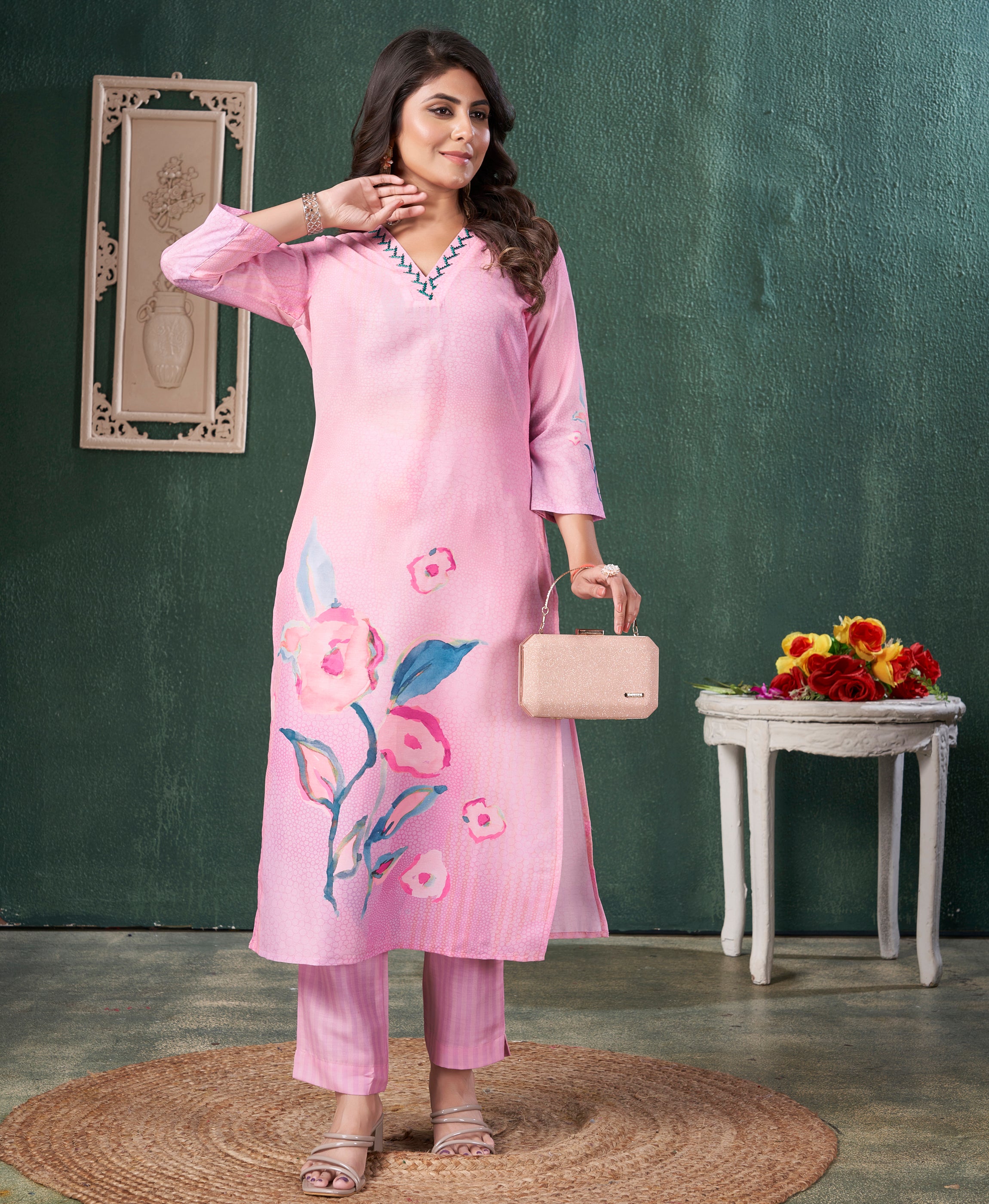 Her Couture Women's Pink Muslin Floral Printed Embroidered Straight Kurta With Pant