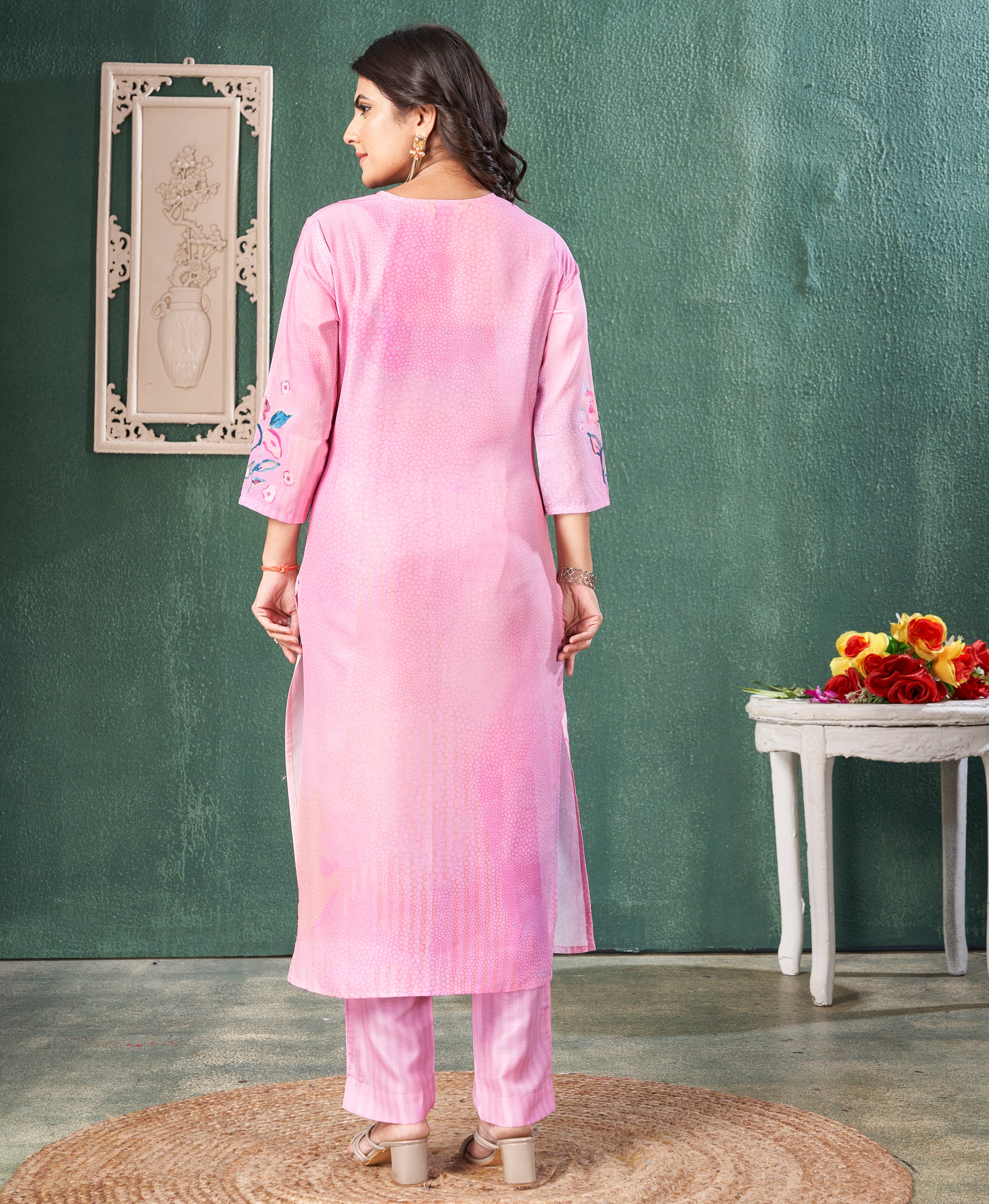 Her Couture Women's Pink Muslin Floral Printed Embroidered Straight Kurta With Pant