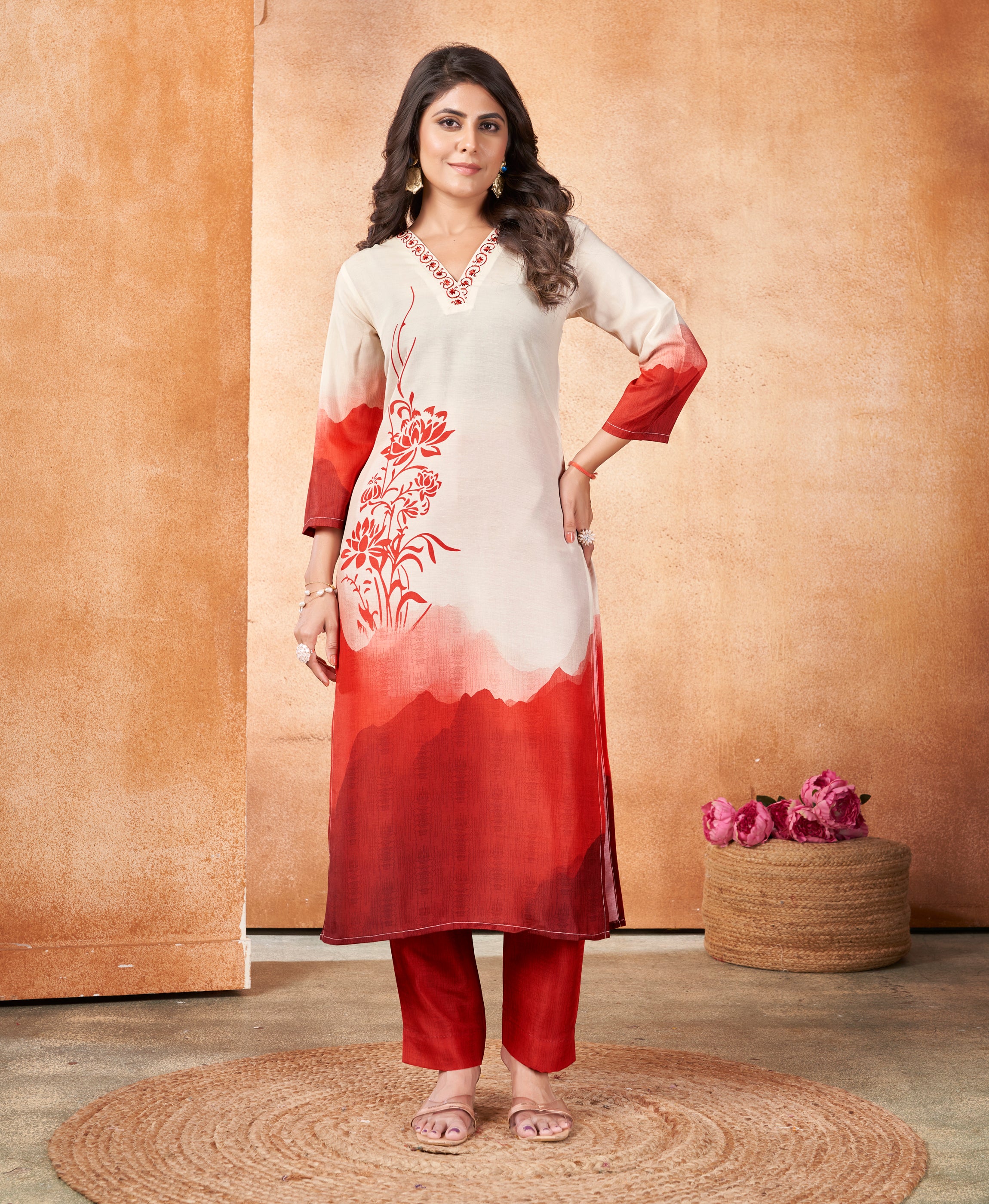 Cream Muslin Straight Causal Kurta Set by Her Couture