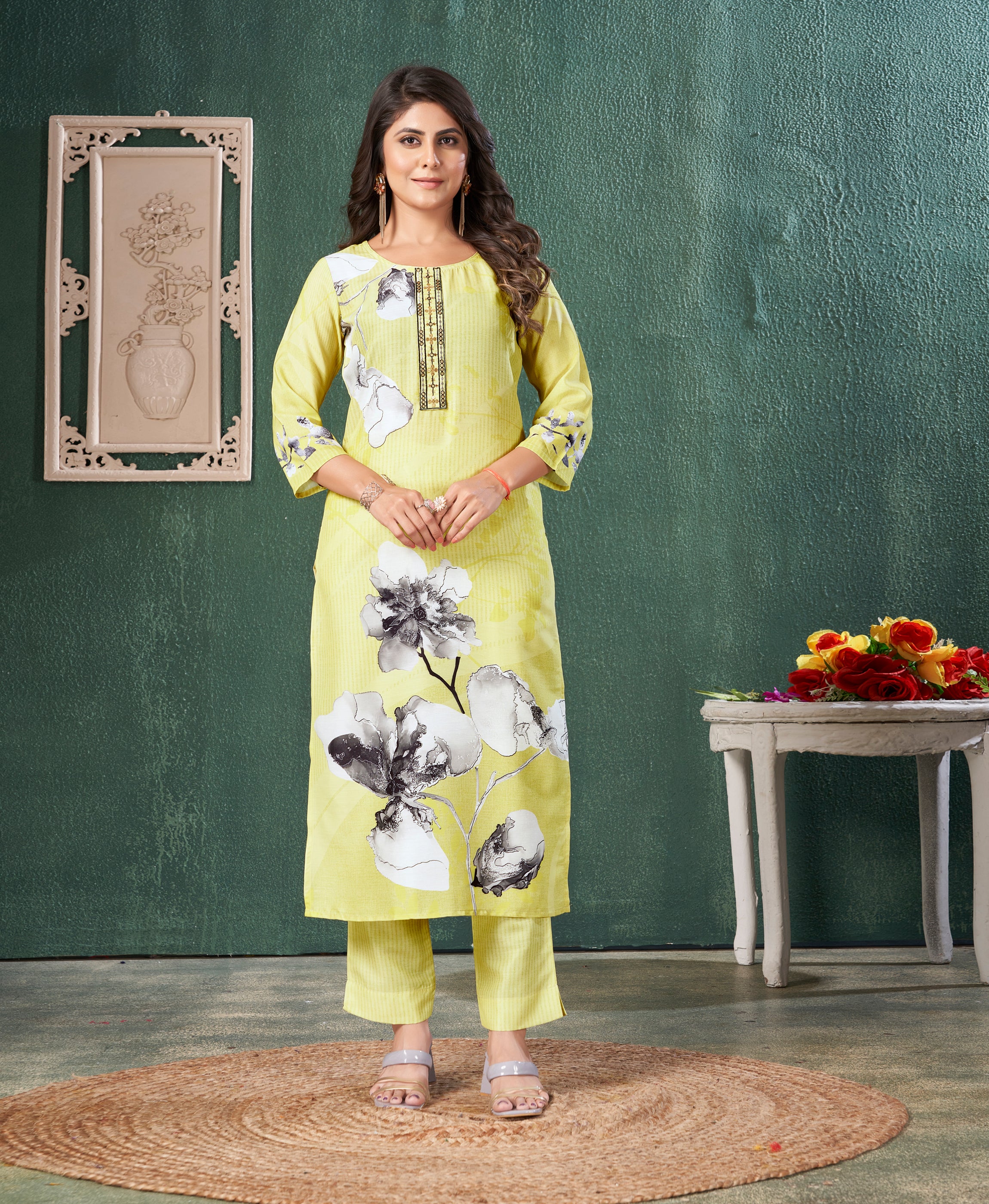 Lime Yellow Muslin Straight Causal Kurta Set by Her Couture
