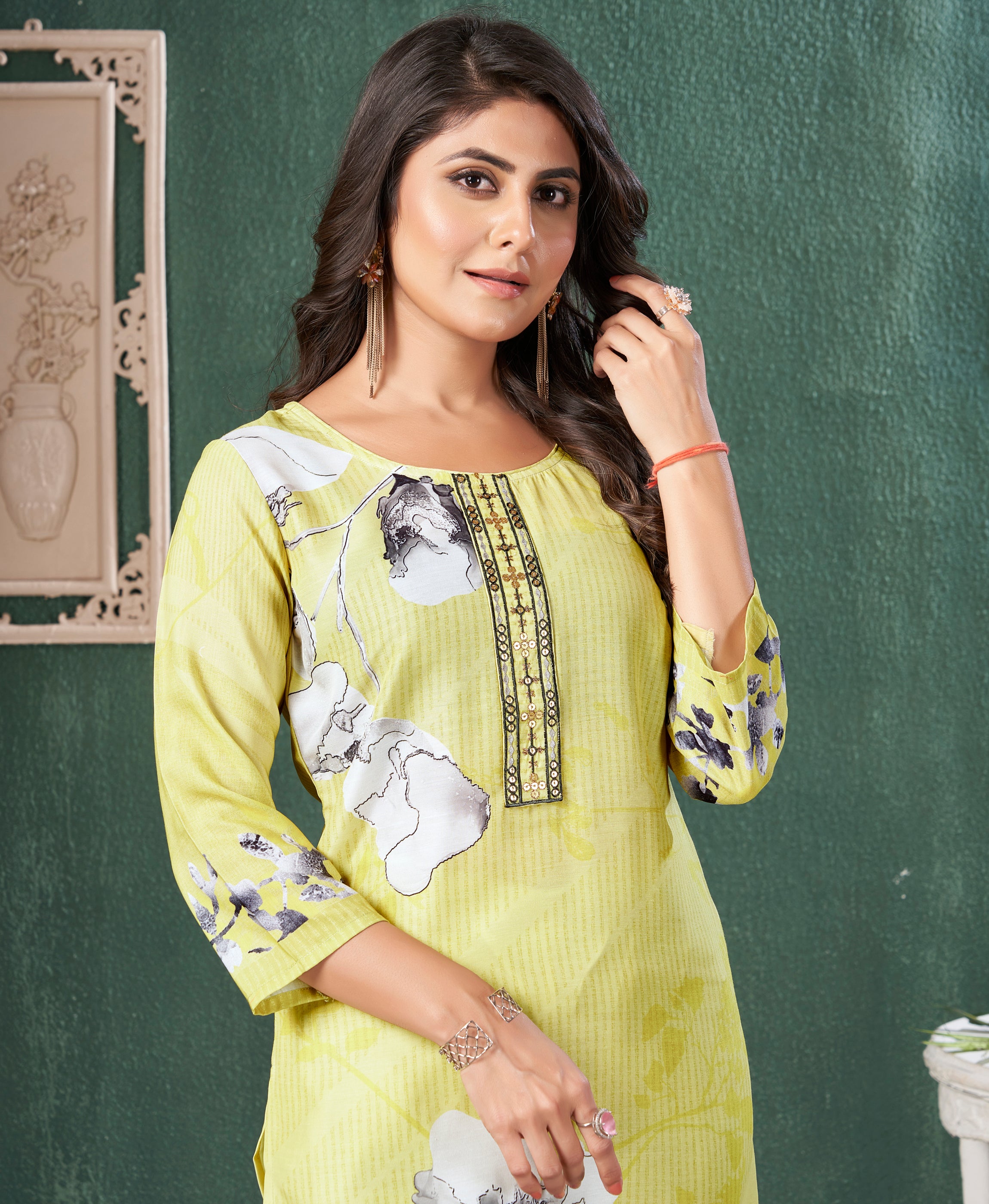 Her Couture Women's Lime Yellow Muslin Floral Printed Embroidered Straight Kurta With Pant