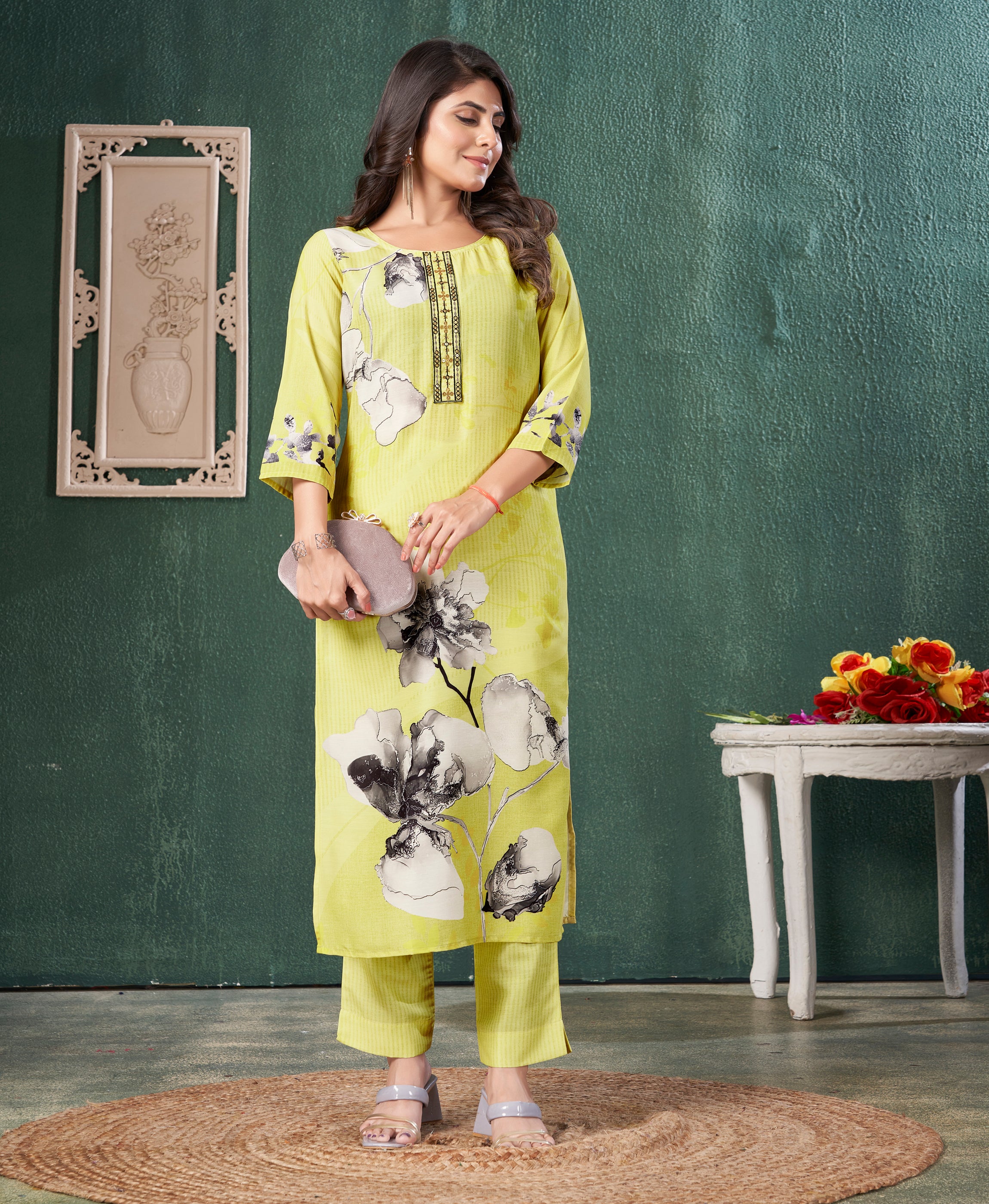 Her Couture Women's Lime Yellow Muslin Floral Printed Embroidered Straight Kurta With Pant