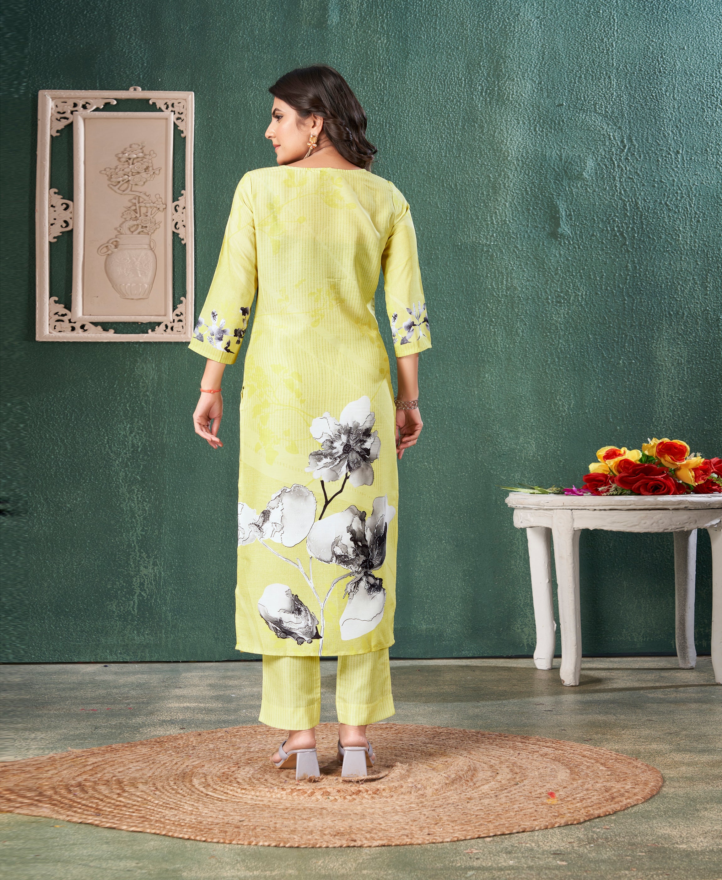 Her Couture Women's Lime Yellow Muslin Floral Printed Embroidered Straight Kurta With Pant