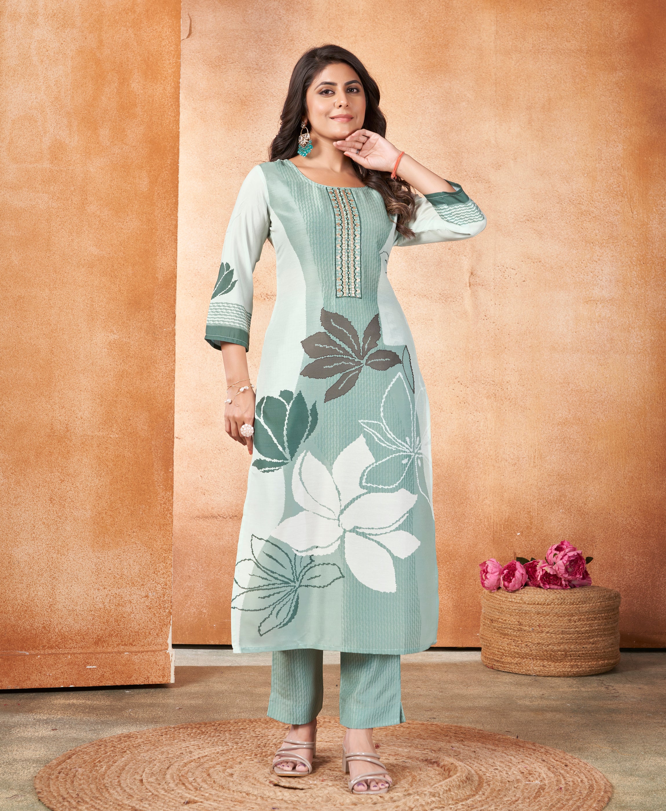 Green Muslin Straight Causal Kurta Set by Her Couture