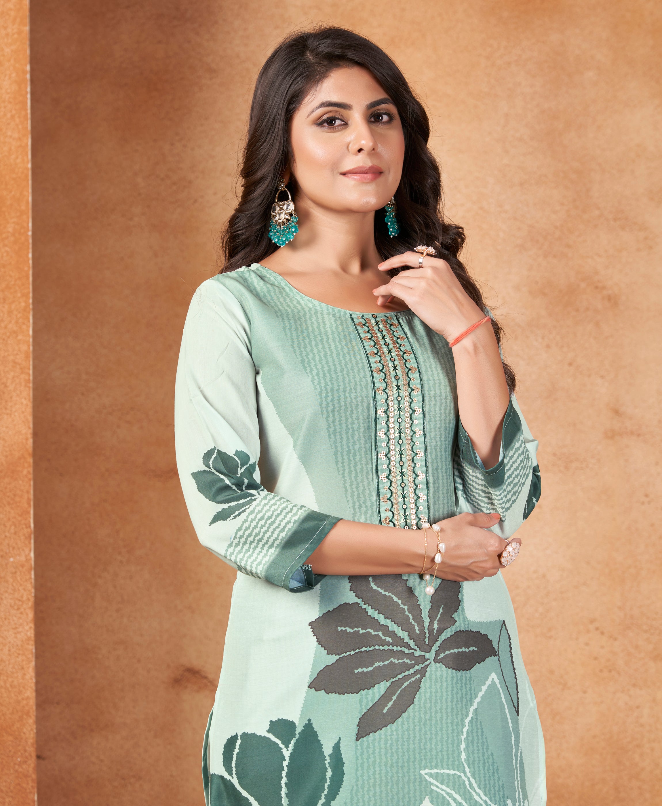 Her Couture Women's Green Muslin Floral Printed Embroidered Straight Kurta With Pant
