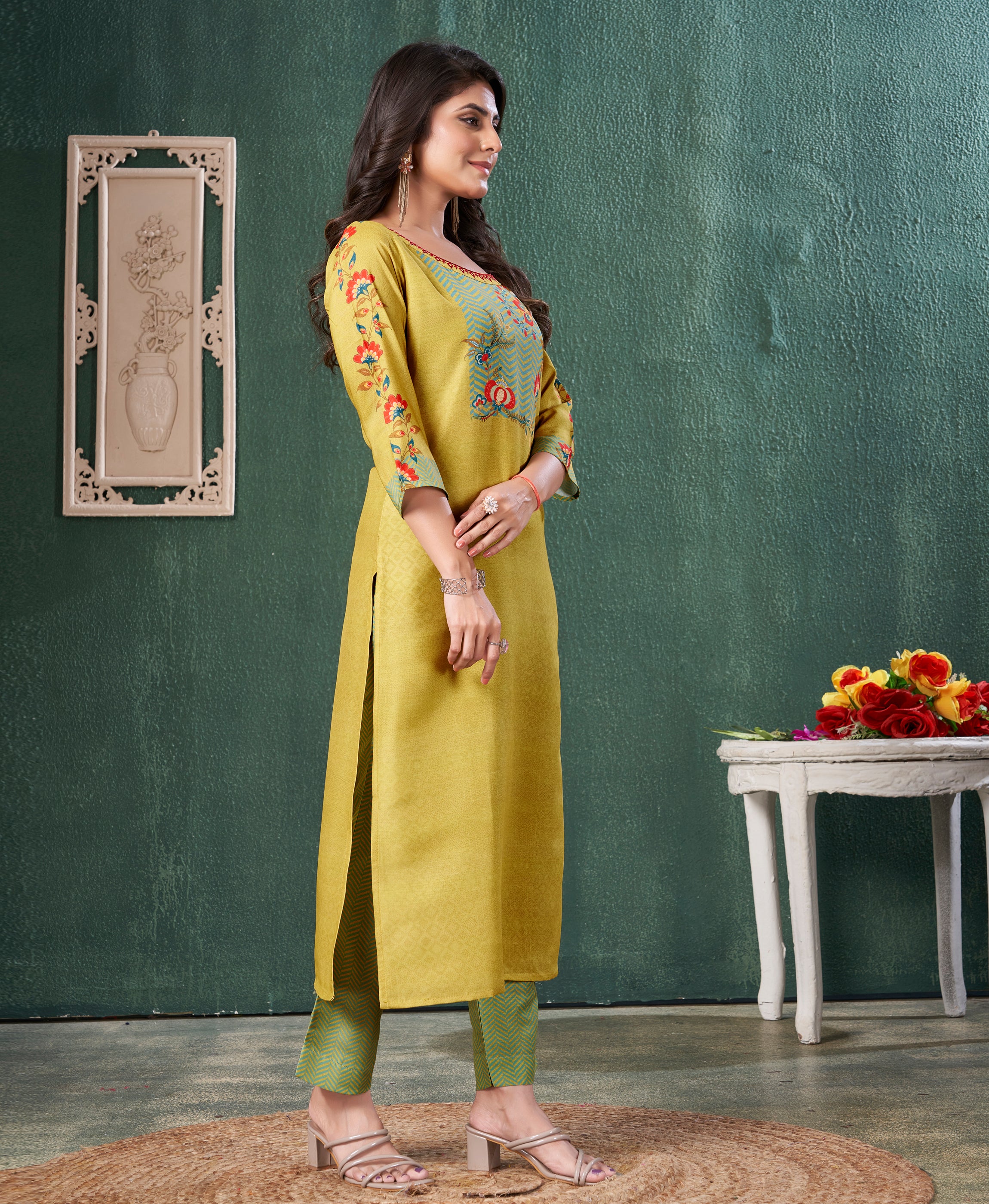 Her Couture Women's Mustard Muslin Ombre Printed Embroidered Straight Kurta With Pant