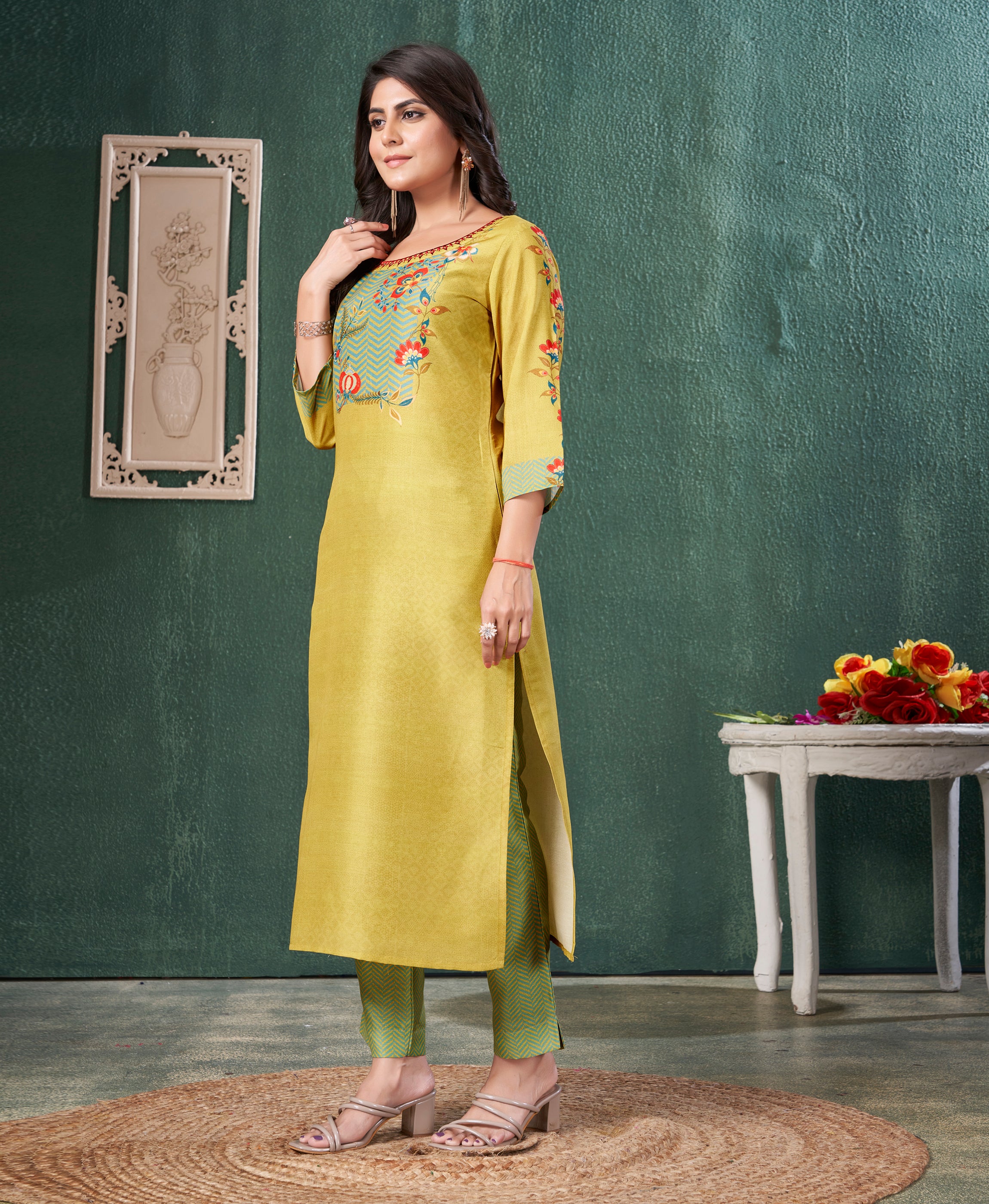 Her Couture Women's Mustard Muslin Ombre Printed Embroidered Straight Kurta With Pant
