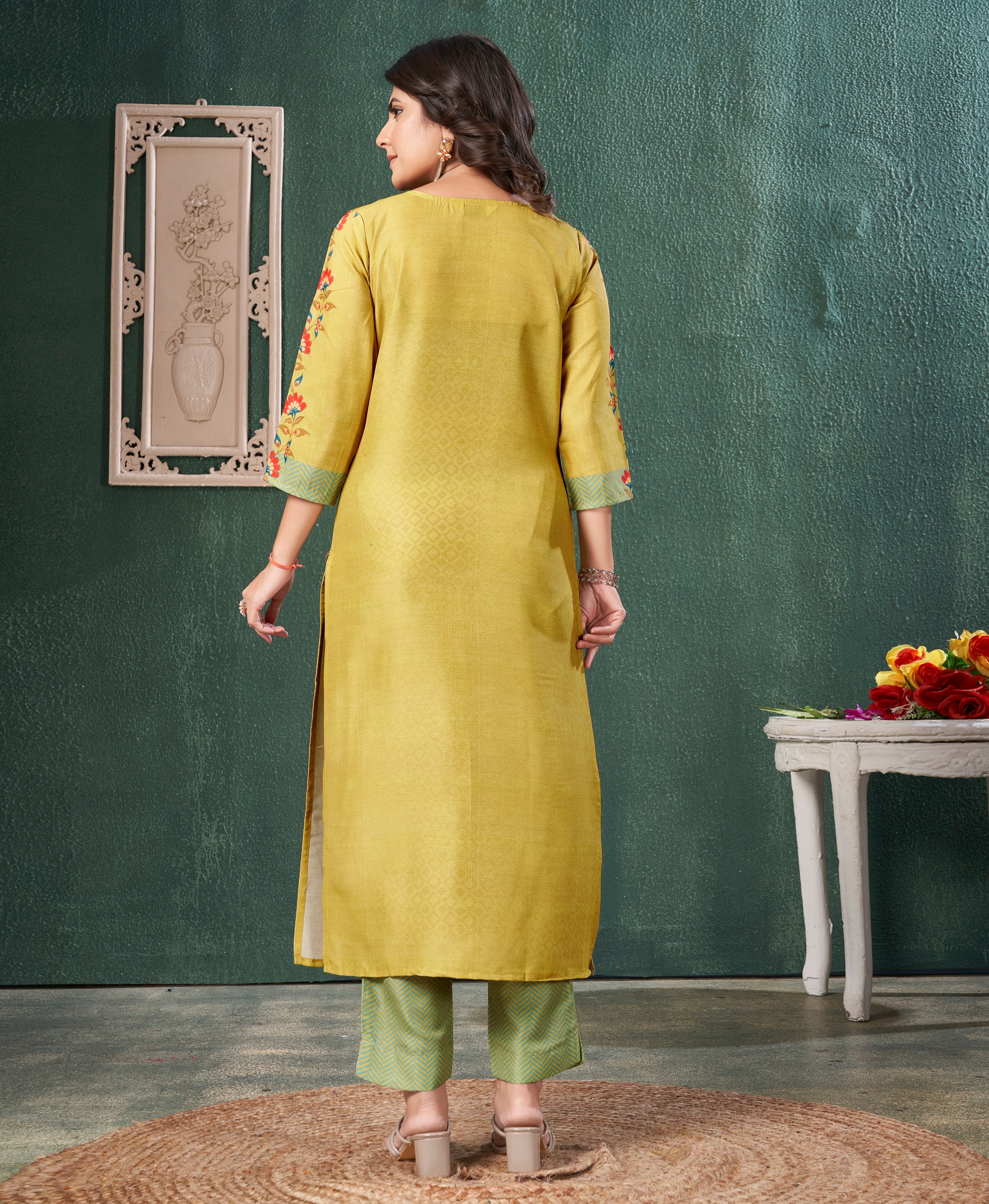 Her Couture Women's Mustard Muslin Ombre Printed Embroidered Straight Kurta With Pant
