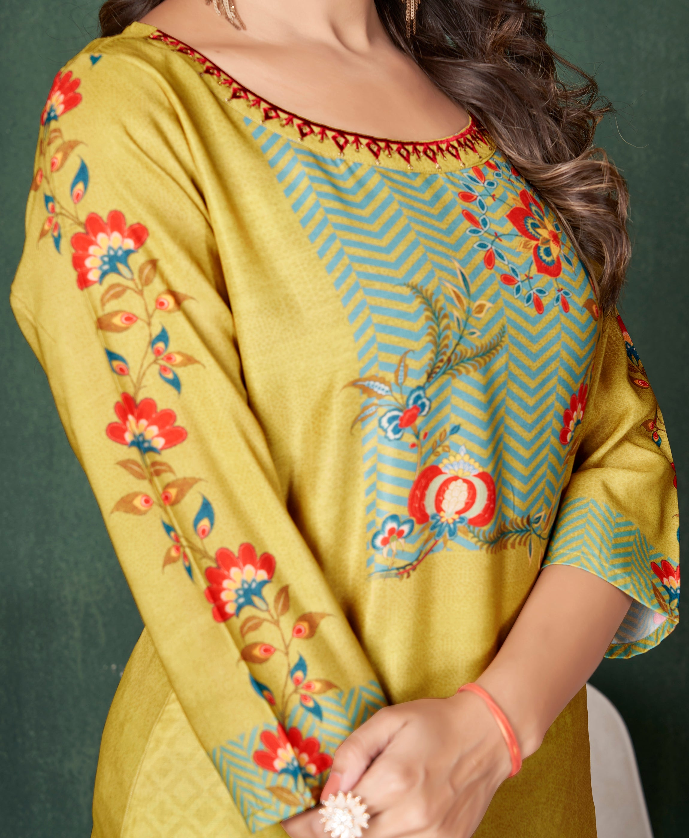 Her Couture Women's Mustard Muslin Ombre Printed Embroidered Straight Kurta With Pant