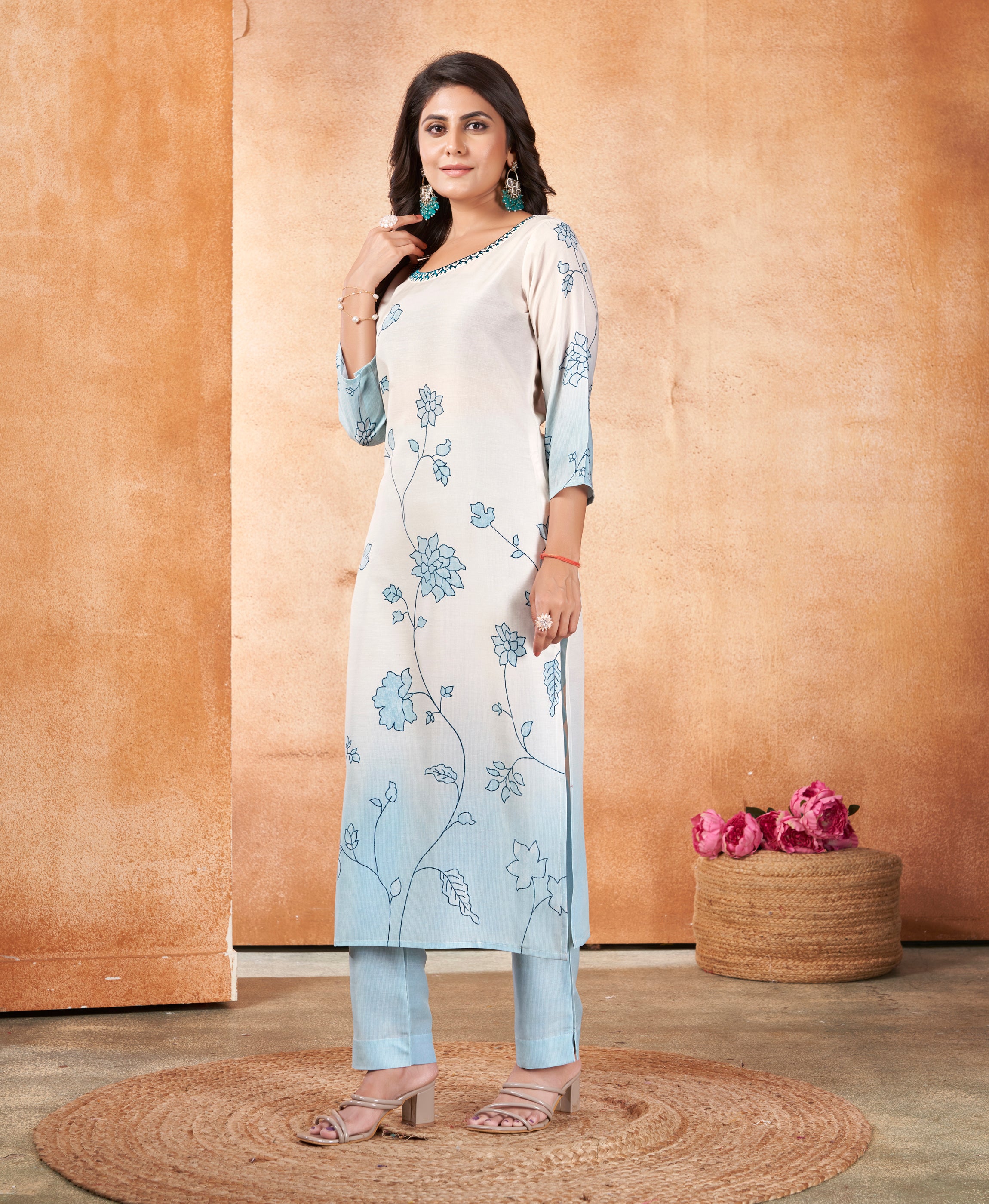 Her Couture Women's White Muslin Ombre Printed Embroidered Straight Kurta With Pant
