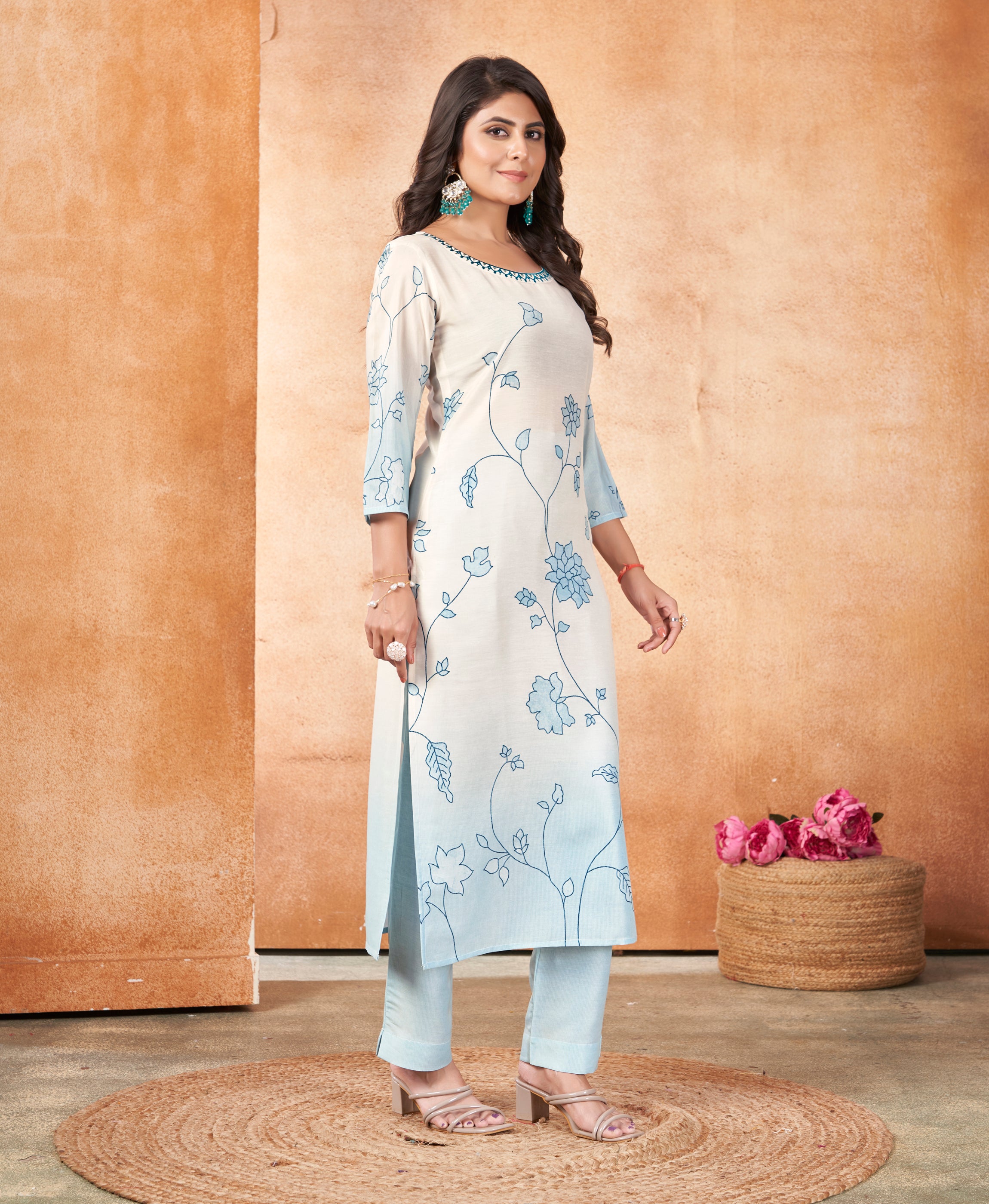 Her Couture Women's White Muslin Ombre Printed Embroidered Straight Kurta With Pant
