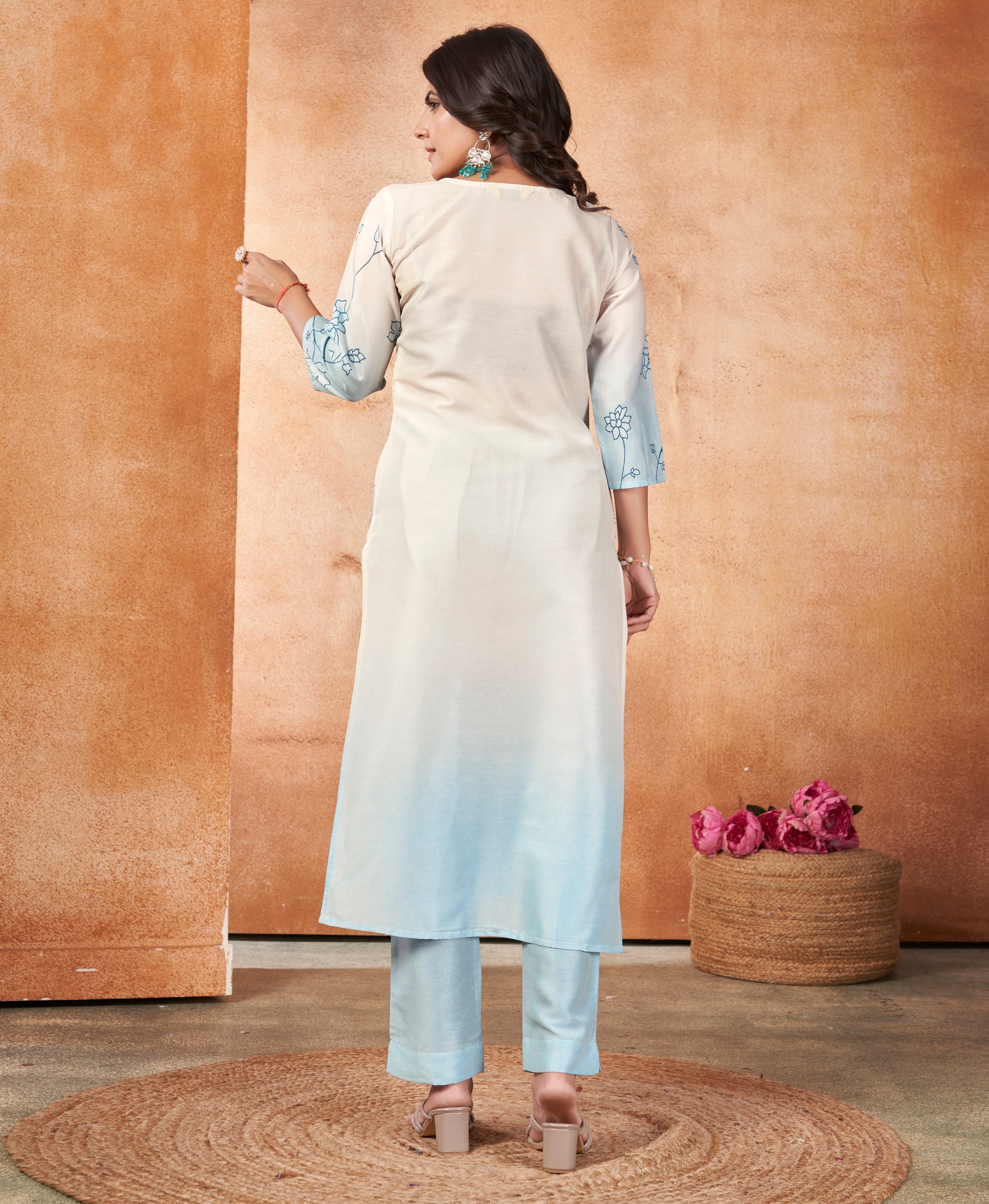 Her Couture Women's White Muslin Ombre Printed Embroidered Straight Kurta With Pant