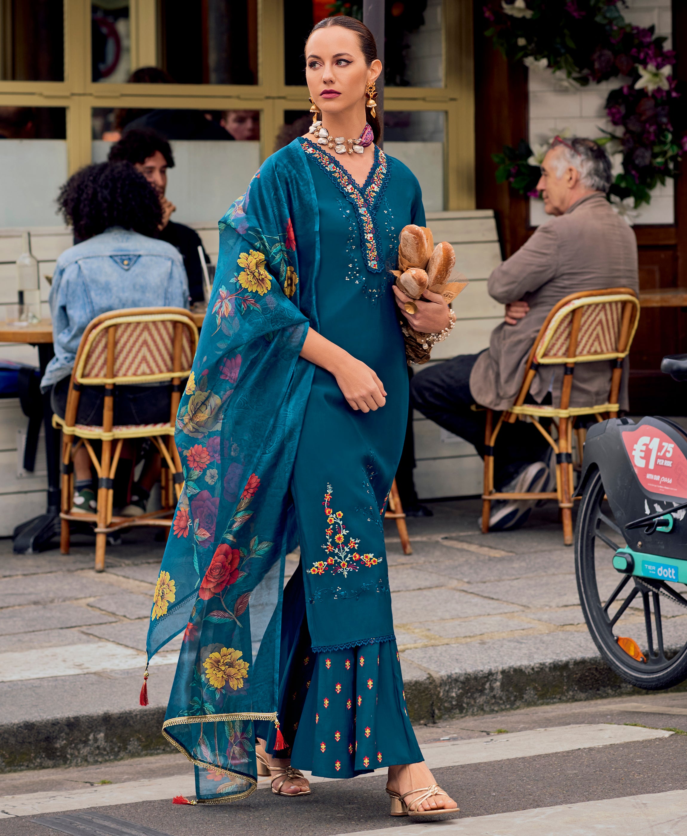 Her Couture Women's Teal Milan Silk Floral Embroidered Straight Kurta With Divider Plazzo & Dupatta