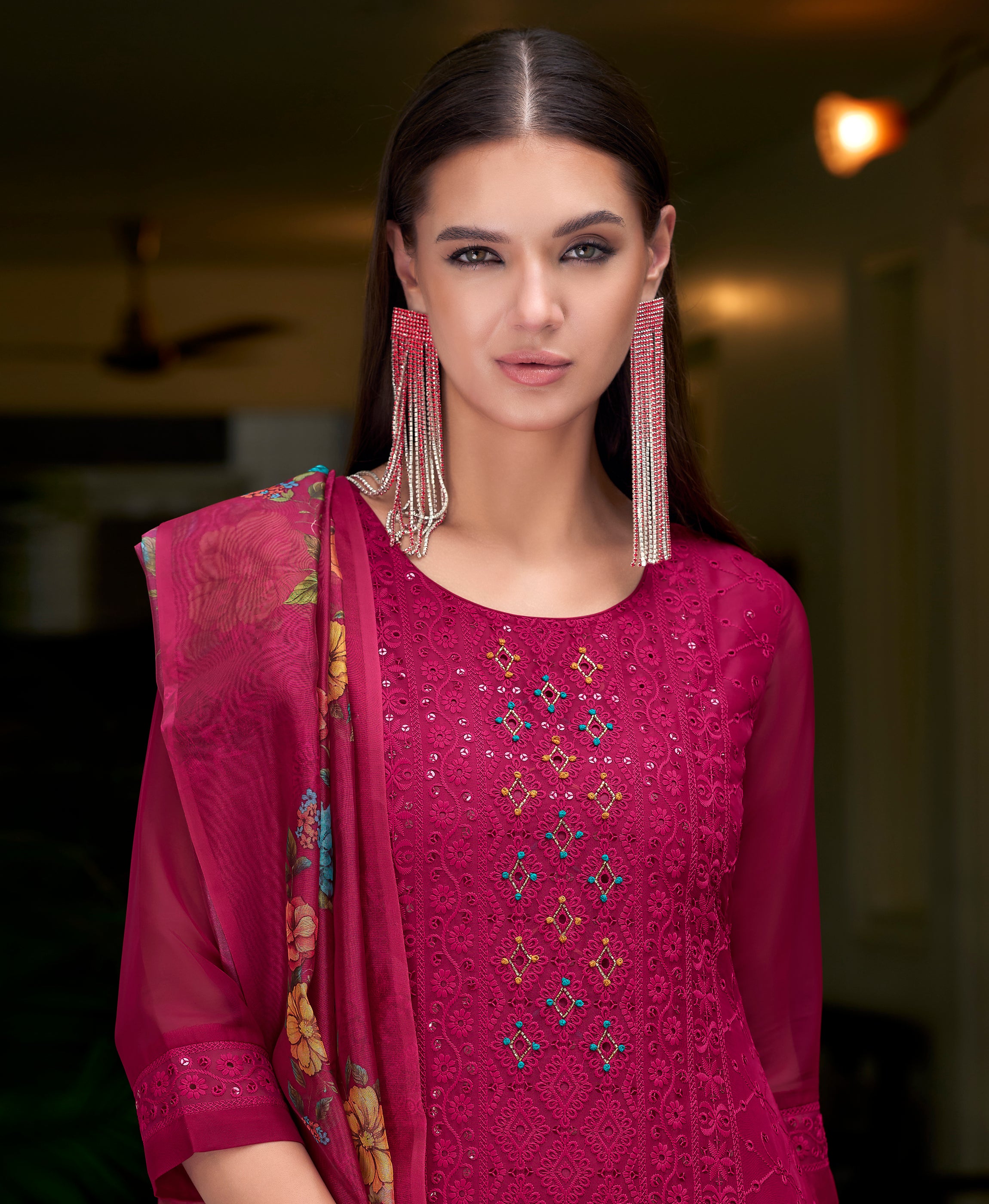 Her Couture Women's Magenta Organza Bored Schiffli Embroidered Straight Kurta With Pant & Dupatta