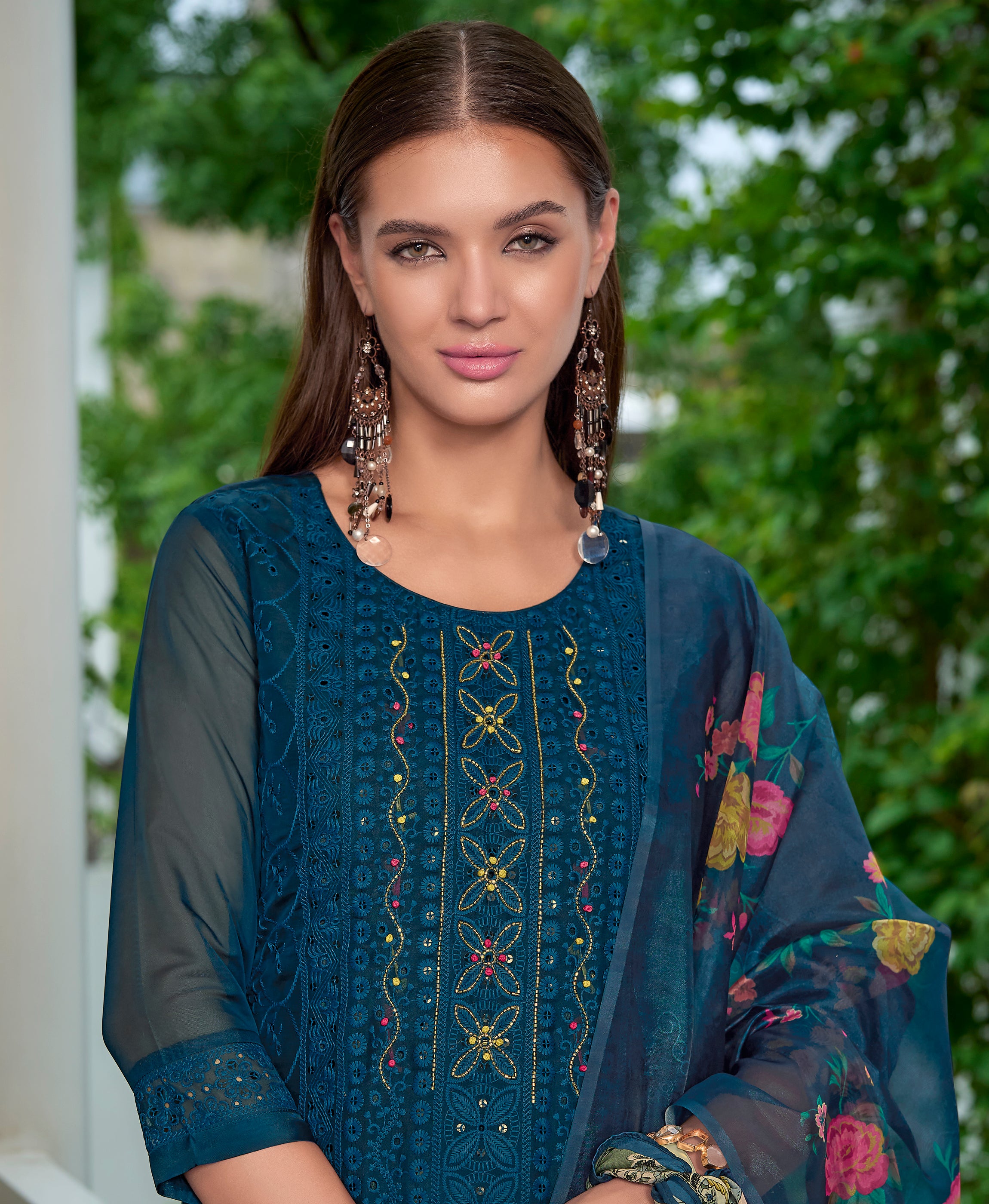 Her Couture Women's Teal Blue Organza Bored Schiffli Embroidered Straight Kurta With Pant & Dupatta