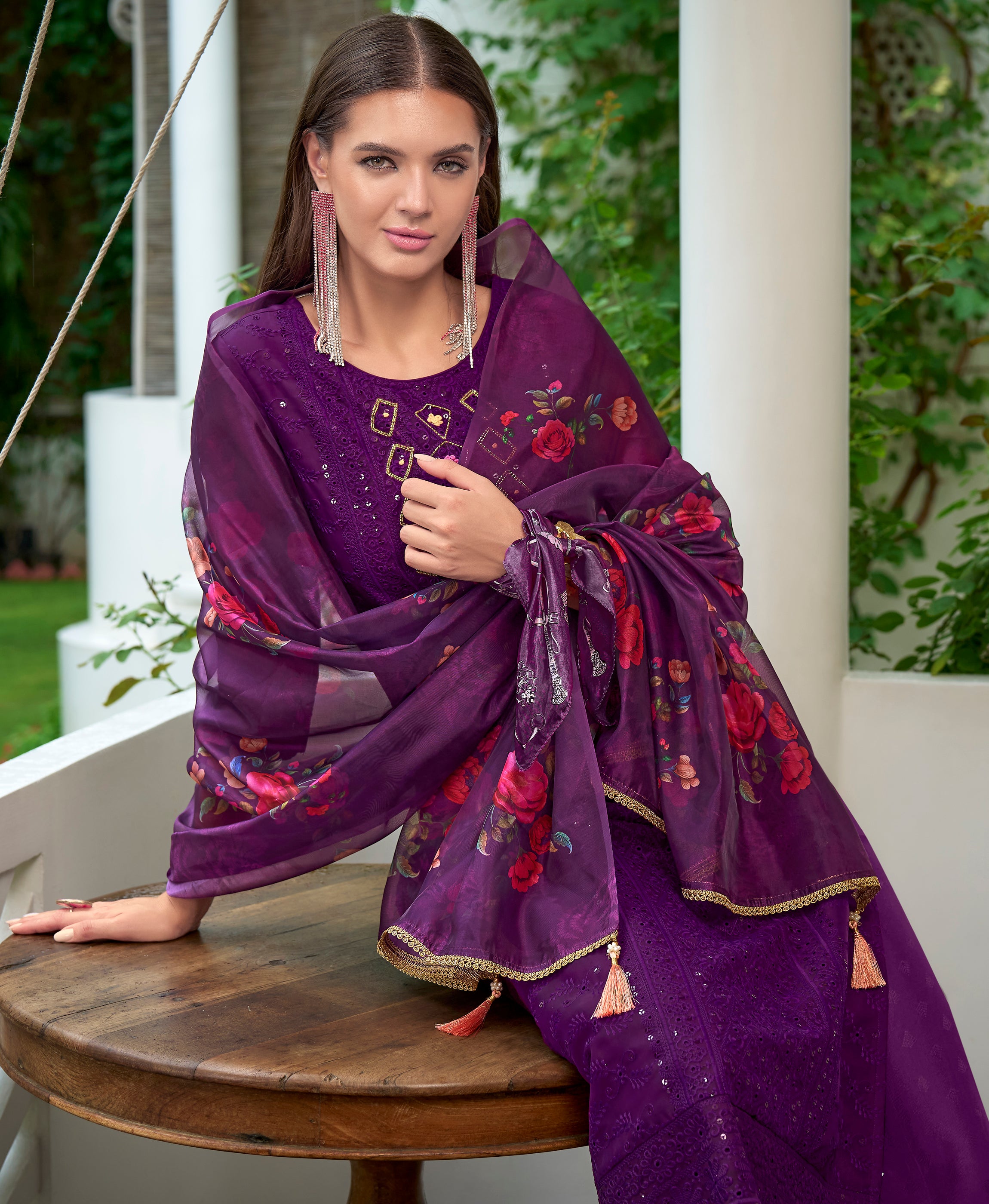 Purple Organza Straight Festive & Party Kurta Set by Her Couture