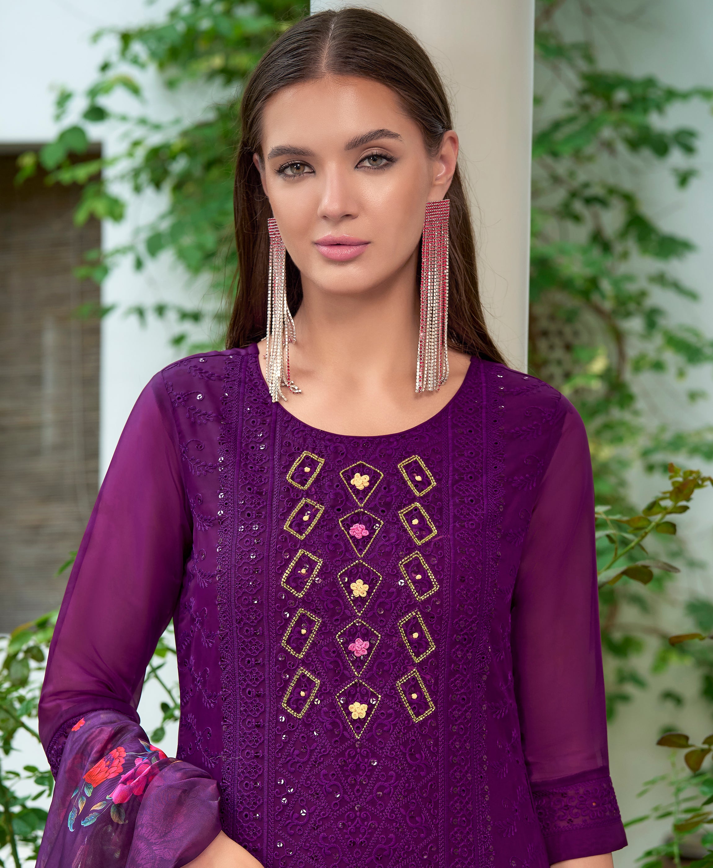 Her Couture Women's Purple Organza Bored Schiffli Embroidered Straight Kurta With Pant & Dupatta
