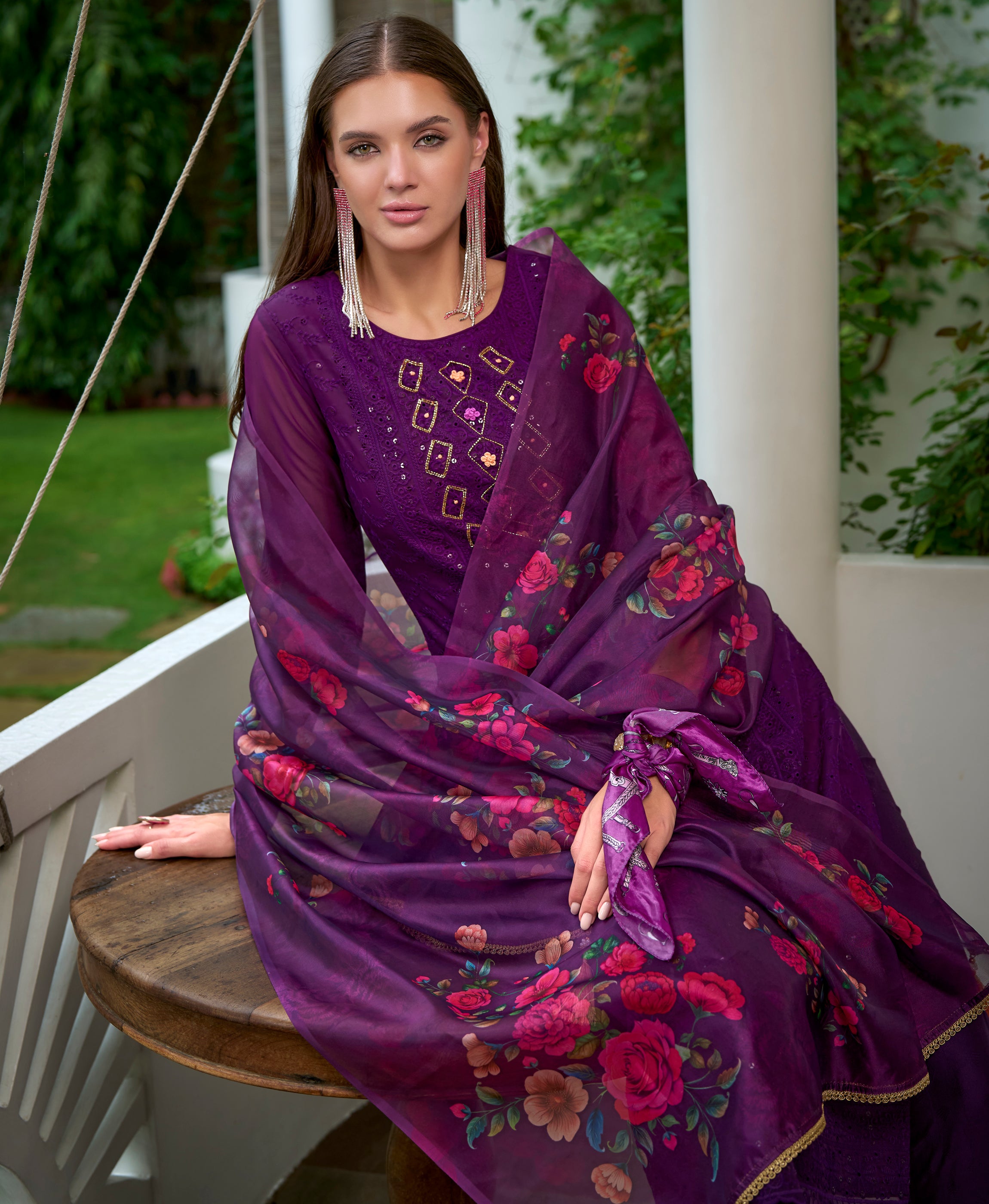 Her Couture Women's Purple Organza Bored Schiffli Embroidered Straight Kurta With Pant & Dupatta