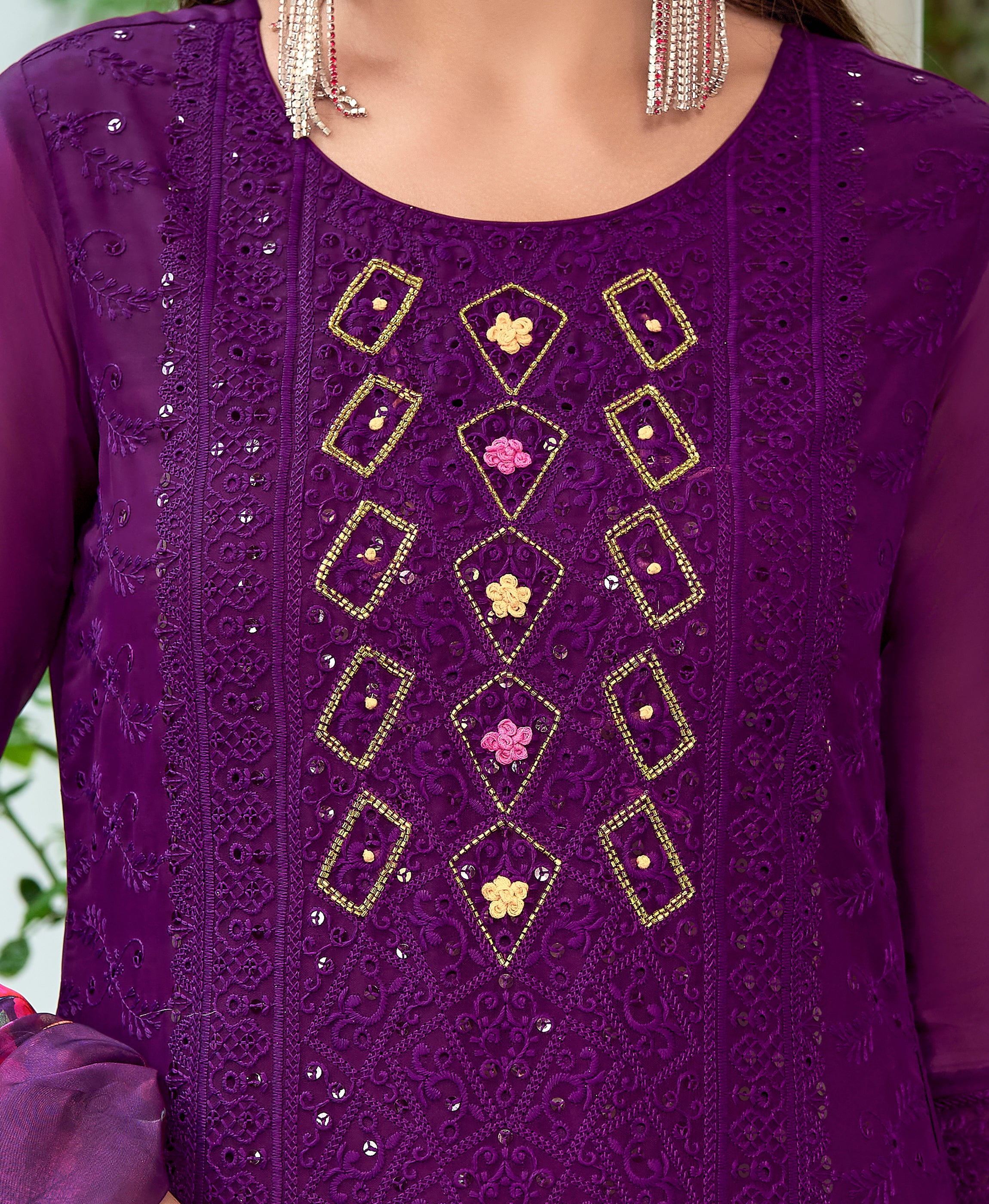 Her Couture Women's Purple Organza Bored Schiffli Embroidered Straight Kurta With Pant & Dupatta