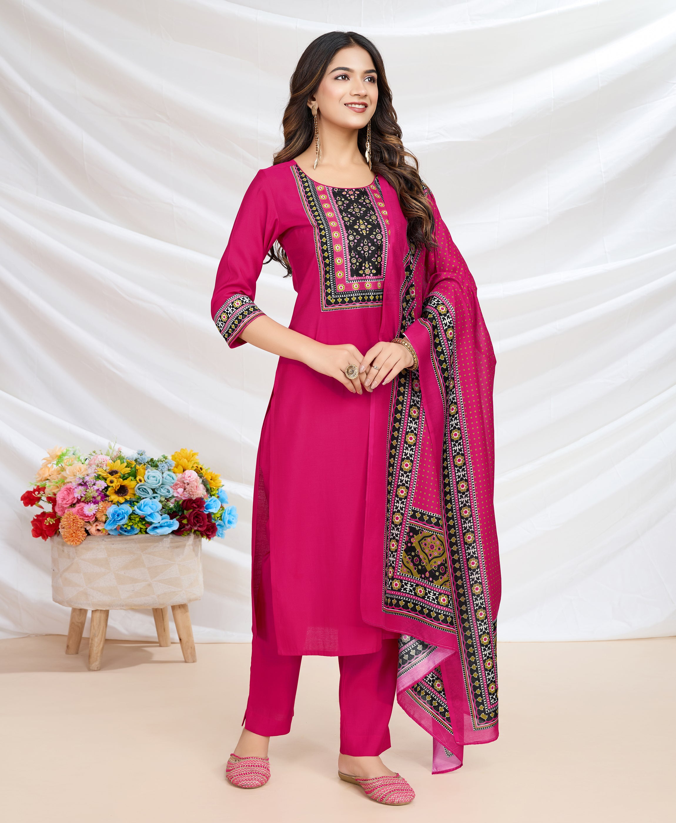 Her Couture Women's Magenta Blend Viscose Silk Ethnic Motifs Straight Kurta With Pant & Printed Dupatta