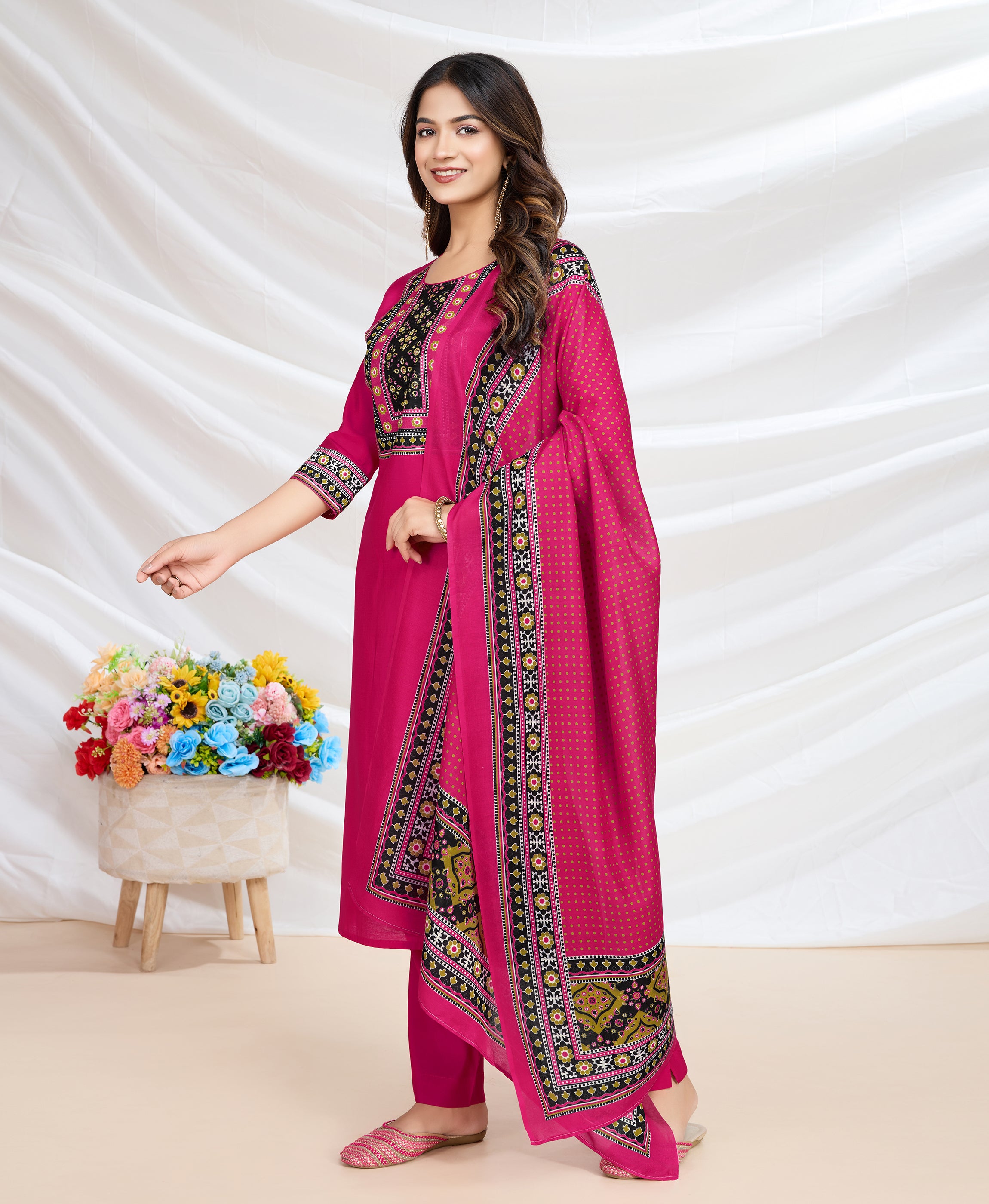 Her Couture Women's Magenta Blend Viscose Silk Ethnic Motifs Straight Kurta With Pant & Printed Dupatta