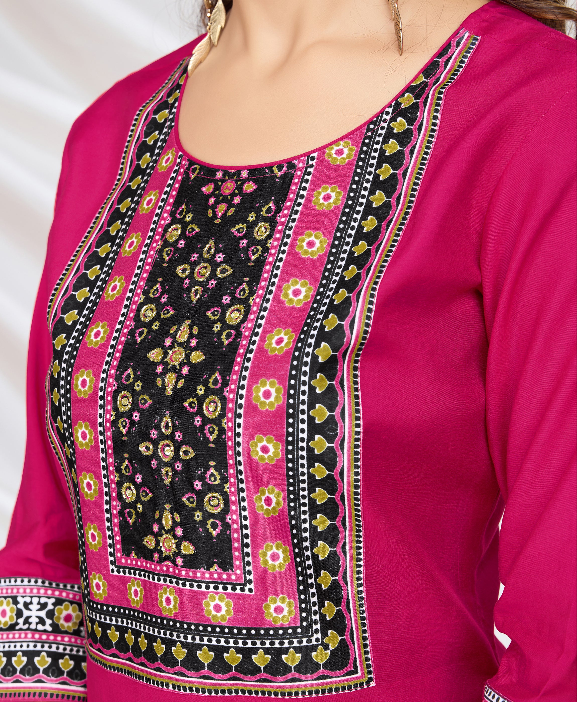 Her Couture Women's Magenta Blend Viscose Silk Ethnic Motifs Straight Kurta With Pant & Printed Dupatta