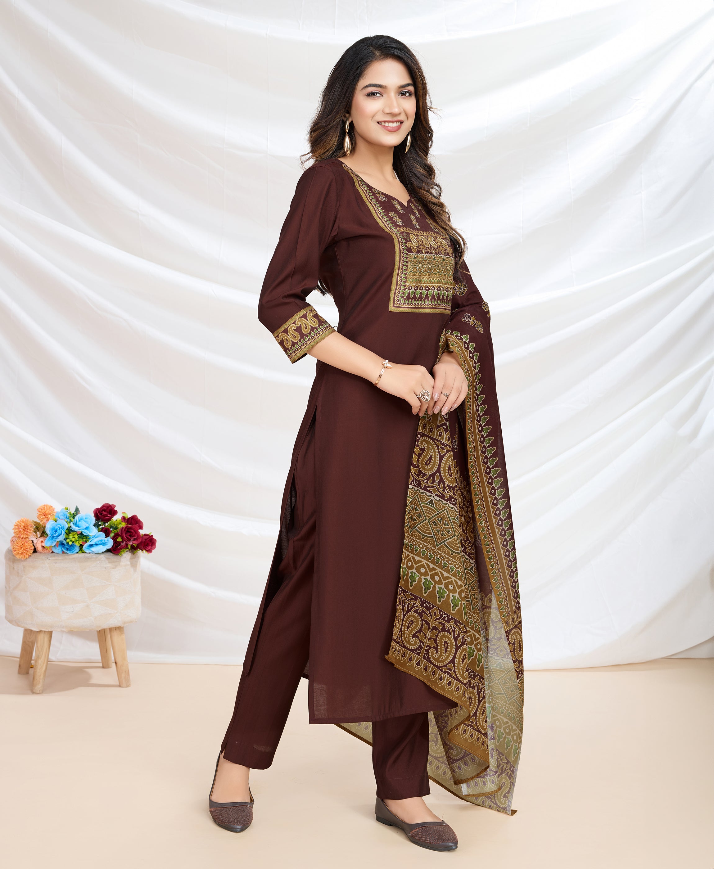 Her Couture Women's Brown Blend Viscose Silk Ethnic Motifs Straight Kurta With Pant & Printed Dupatta