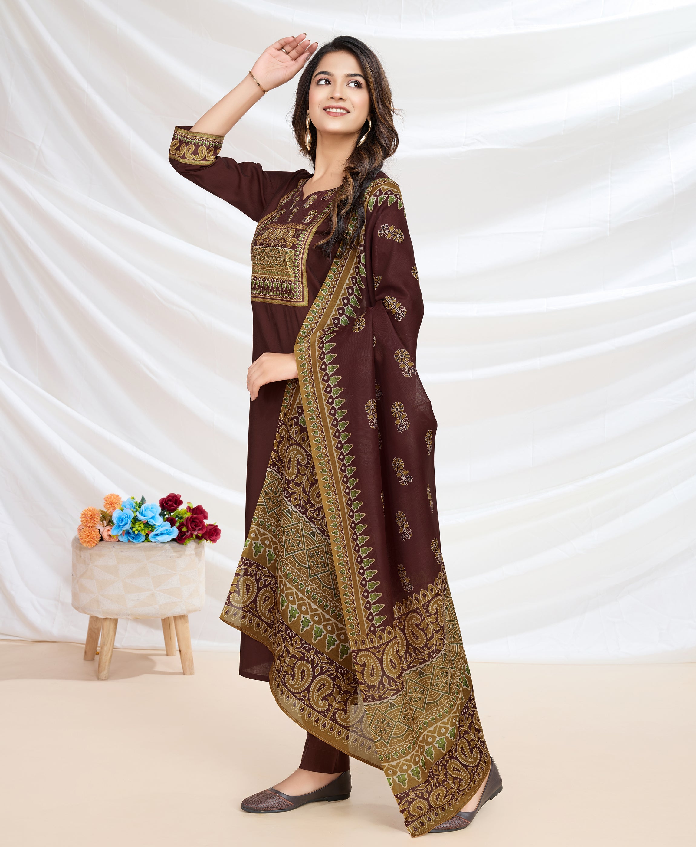 Her Couture Women's Brown Blend Viscose Silk Ethnic Motifs Straight Kurta With Pant & Printed Dupatta