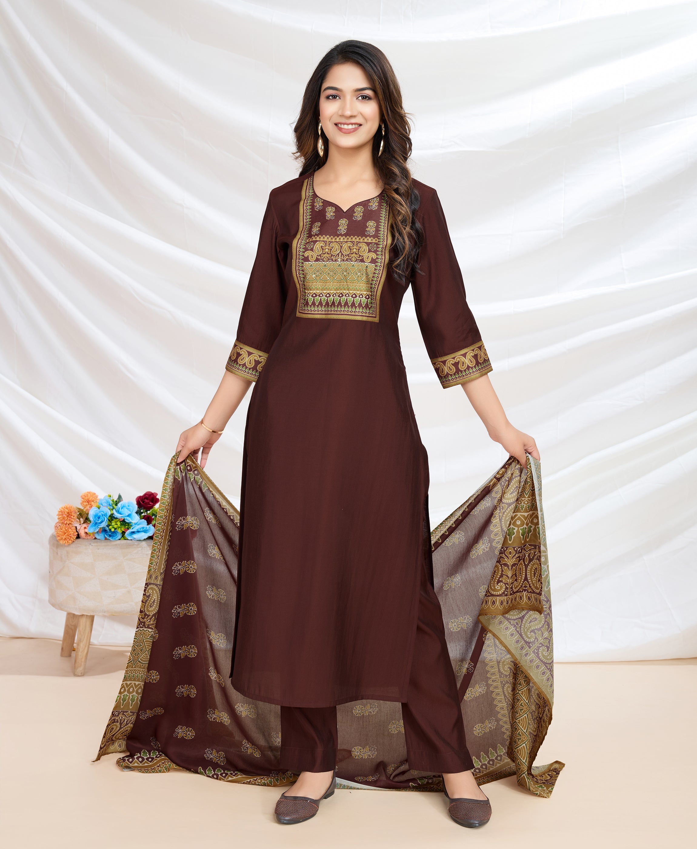 Her Couture Women's Brown Blend Viscose Silk Ethnic Motifs Straight Kurta With Pant & Printed Dupatta