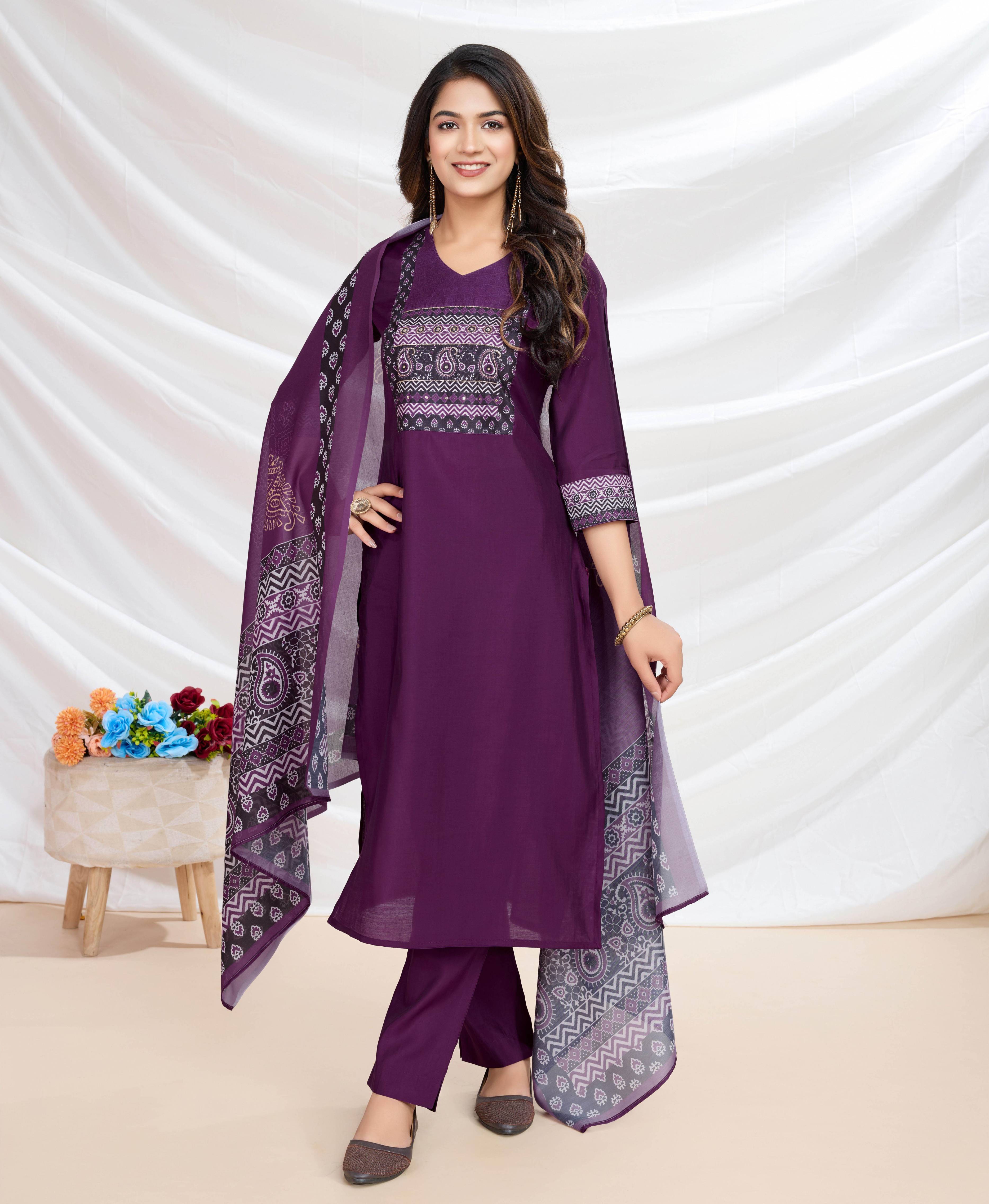 Her Couture Women's Purple Blend Viscose Silk Ethnic Motifs Straight Kurta With Pant & Printed Dupatta