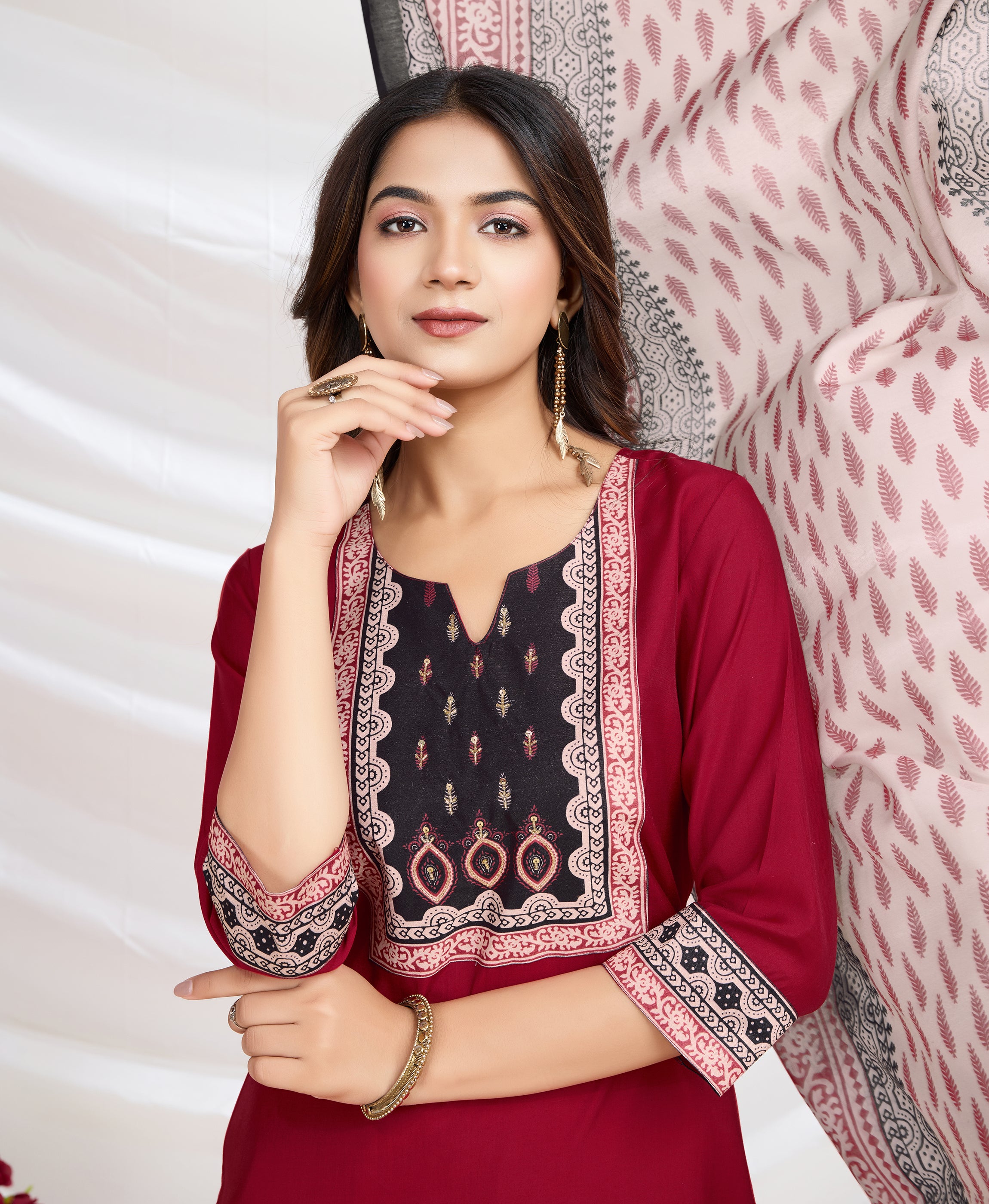 Her Couture Women's Red Blend Viscose Silk Ethnic Motifs Straight Kurta With Pant & Printed Dupatta