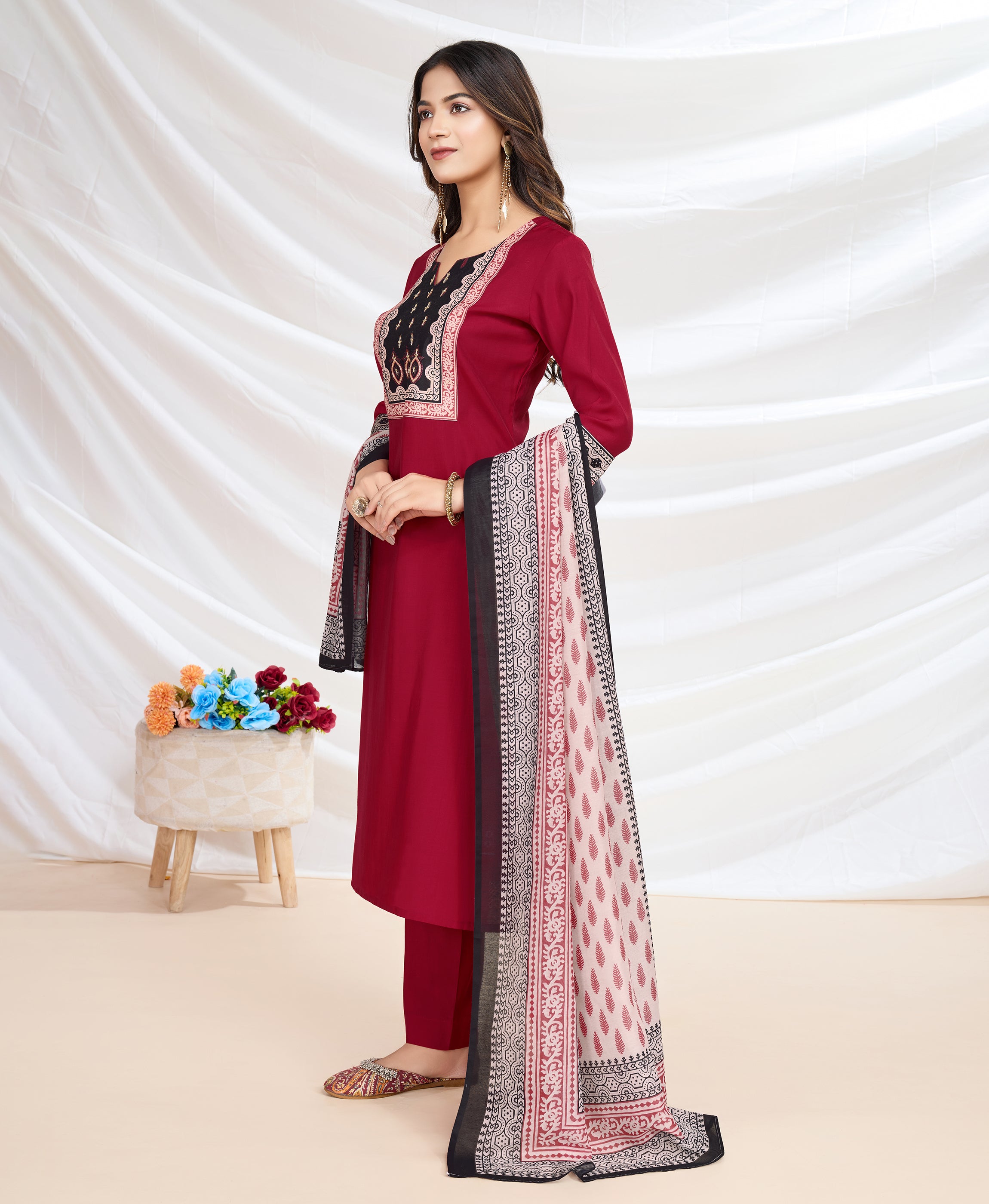 Her Couture Women's Red Blend Viscose Silk Ethnic Motifs Straight Kurta With Pant & Printed Dupatta