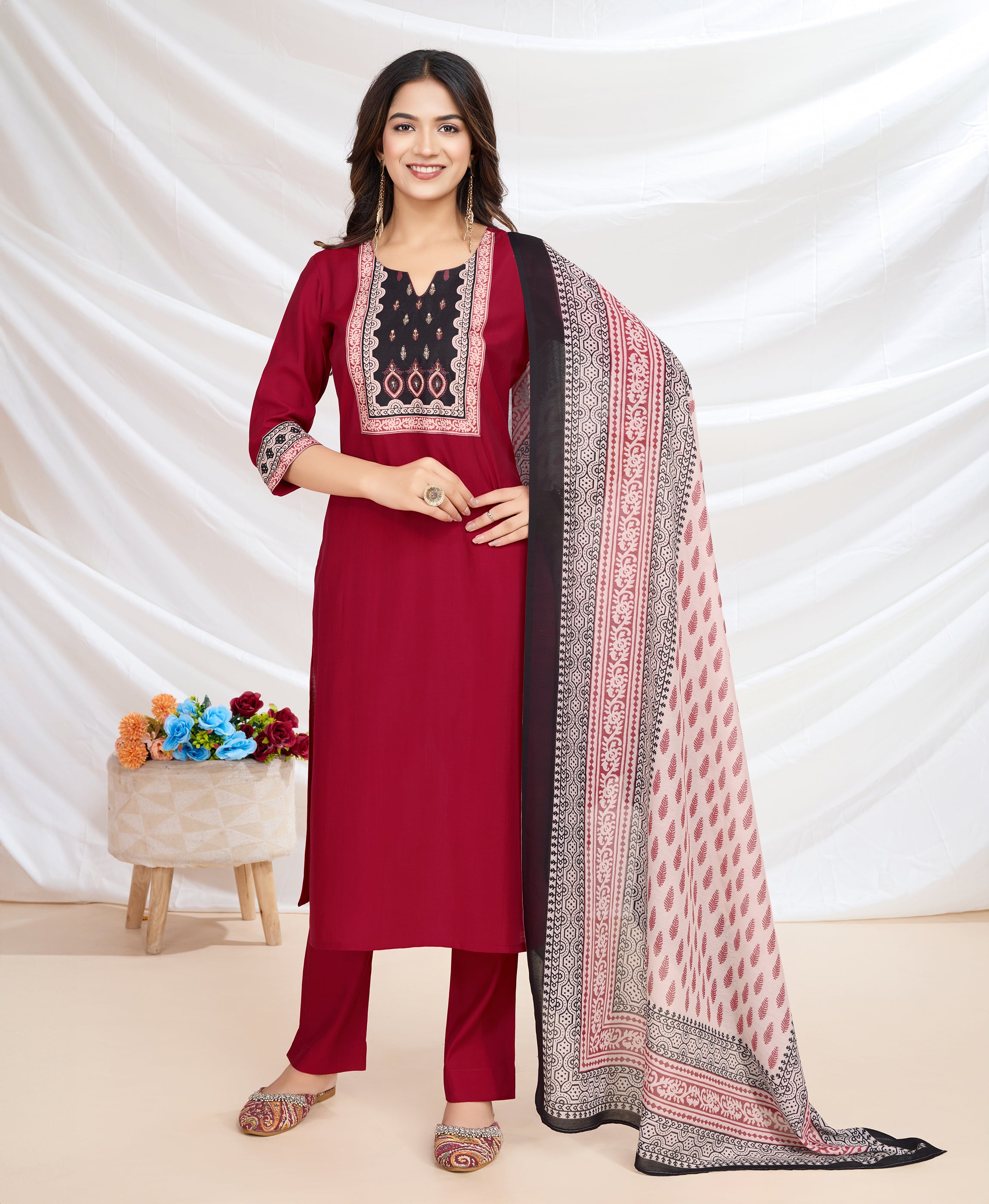 Her Couture Women's Red Blend Viscose Silk Ethnic Motifs Straight Kurta With Pant & Printed Dupatta