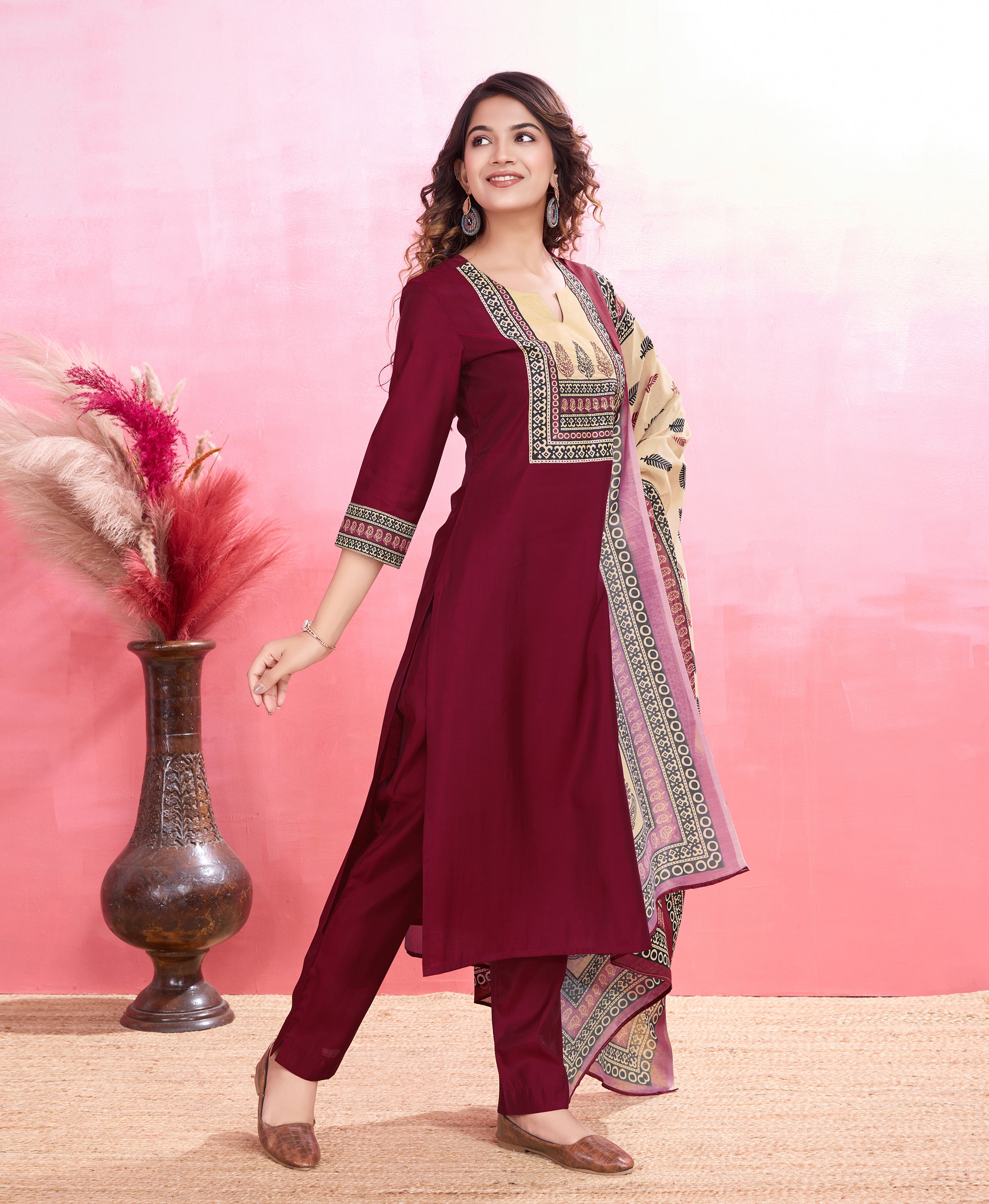 Her Couture Women's Maroon Blend Viscose Silk Ethnic Motifs Straight Kurta With Pant & Printed Dupatta