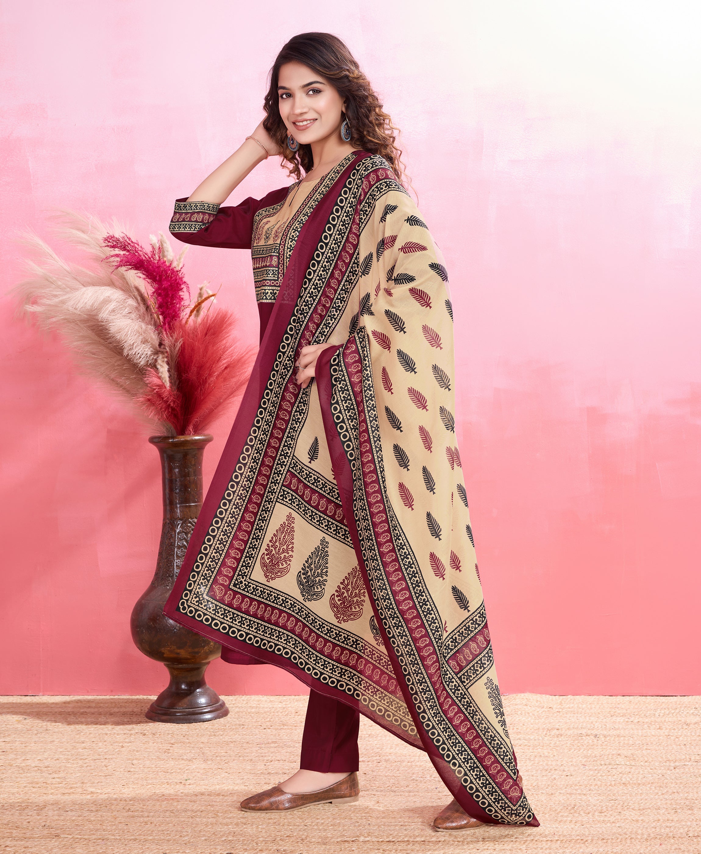 Her Couture Women's Maroon Blend Viscose Silk Ethnic Motifs Straight Kurta With Pant & Printed Dupatta