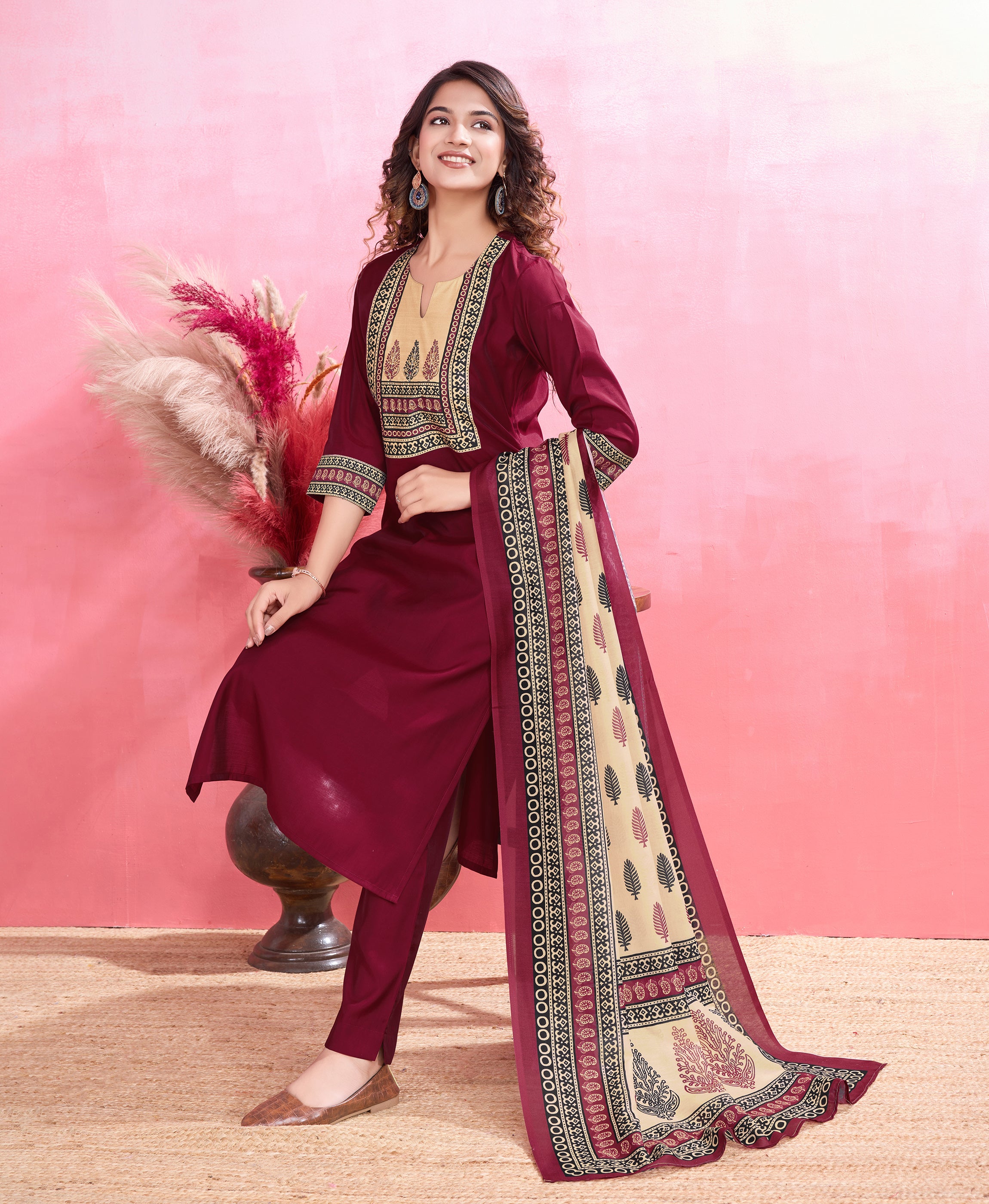 Her Couture Women's Maroon Blend Viscose Silk Ethnic Motifs Straight Kurta With Pant & Printed Dupatta