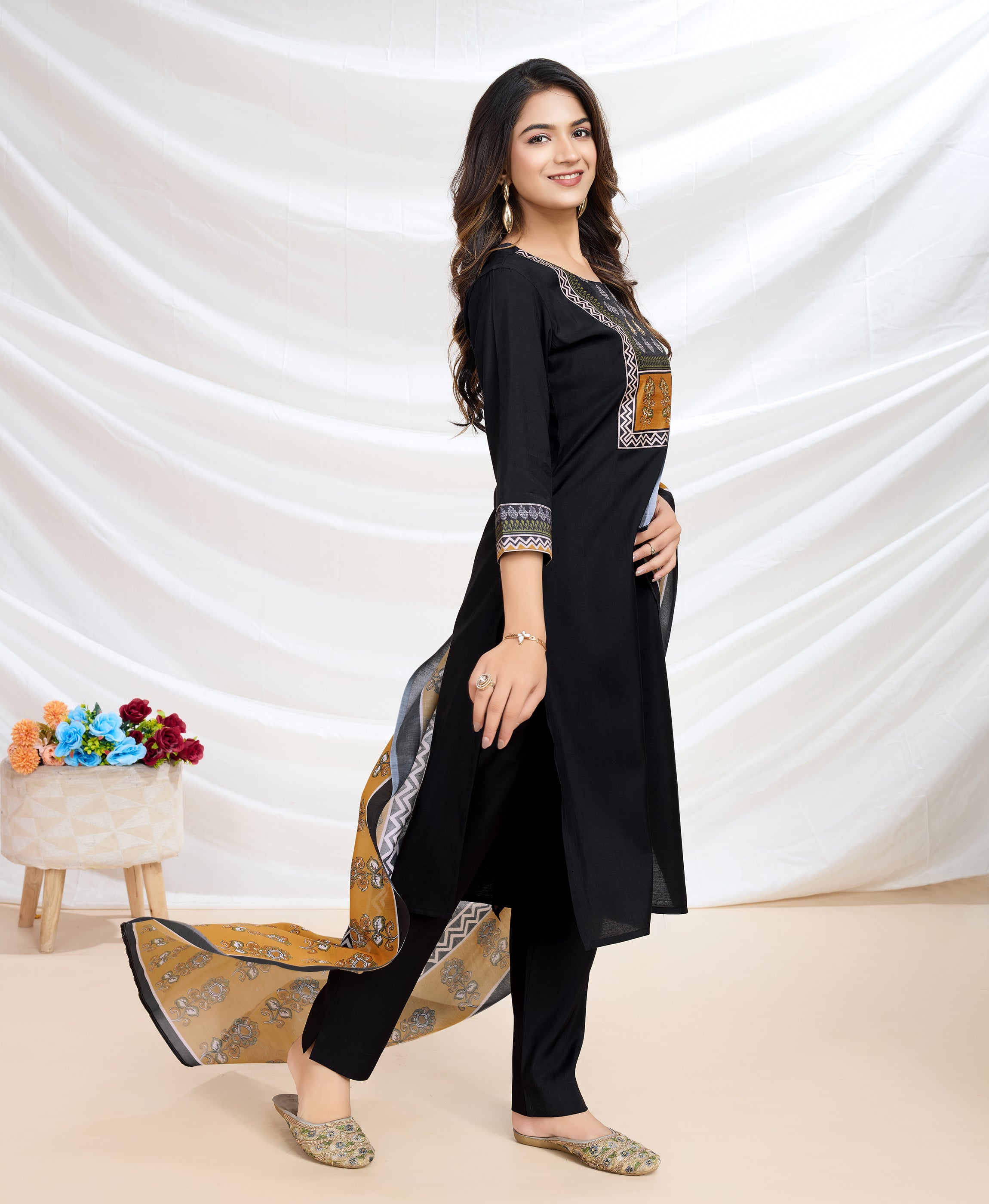 Her Couture Women's Black Blend Viscose Silk Ethnic Motifs Straight Kurta With Pant & Printed Dupatta