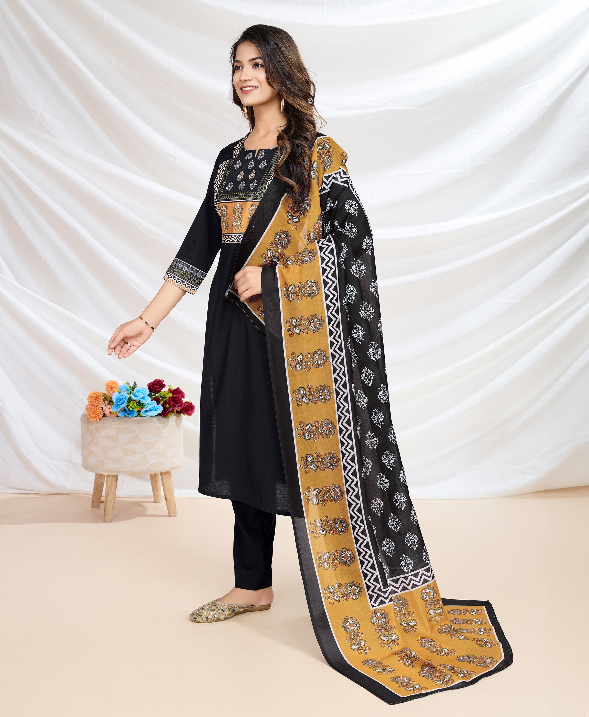 Her Couture Women's Black Blend Viscose Silk Ethnic Motifs Straight Kurta With Pant & Printed Dupatta